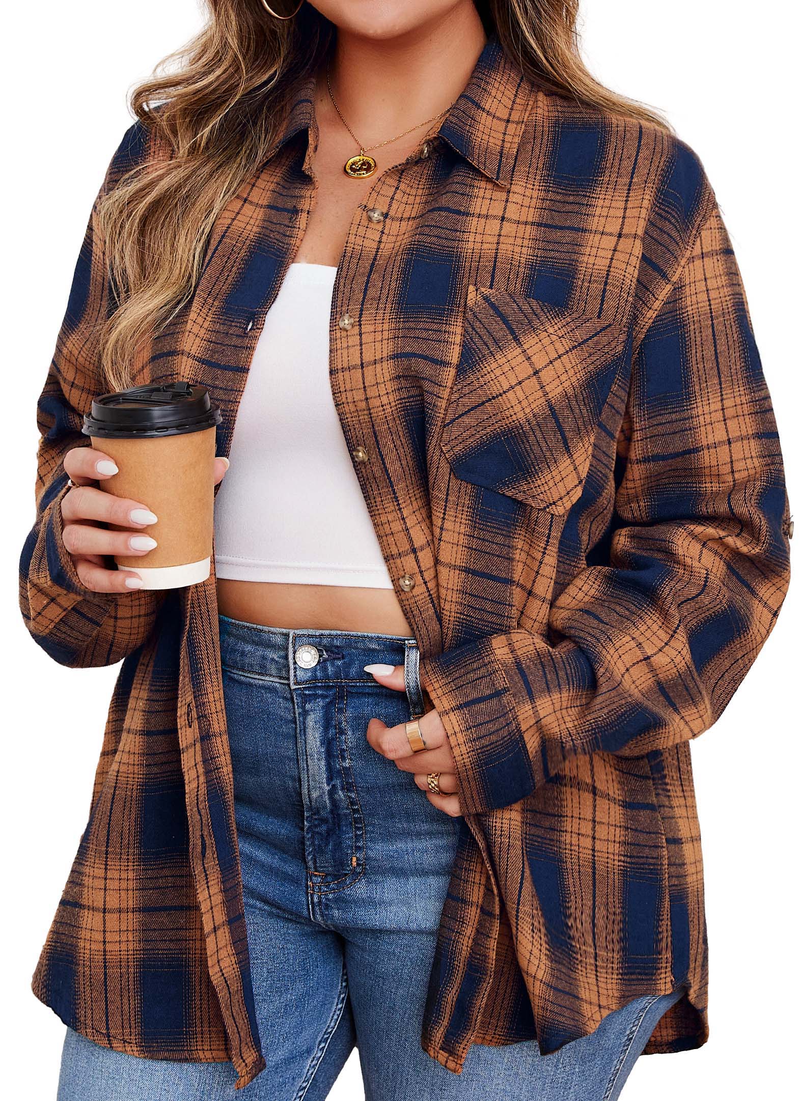 Womens Plus Size Flannel Shirts Long Sleeve Button Down Plaid Shirt Roll Up Oversize Checkered Blouse Top Fall G-03 Orange Plaid Shirt