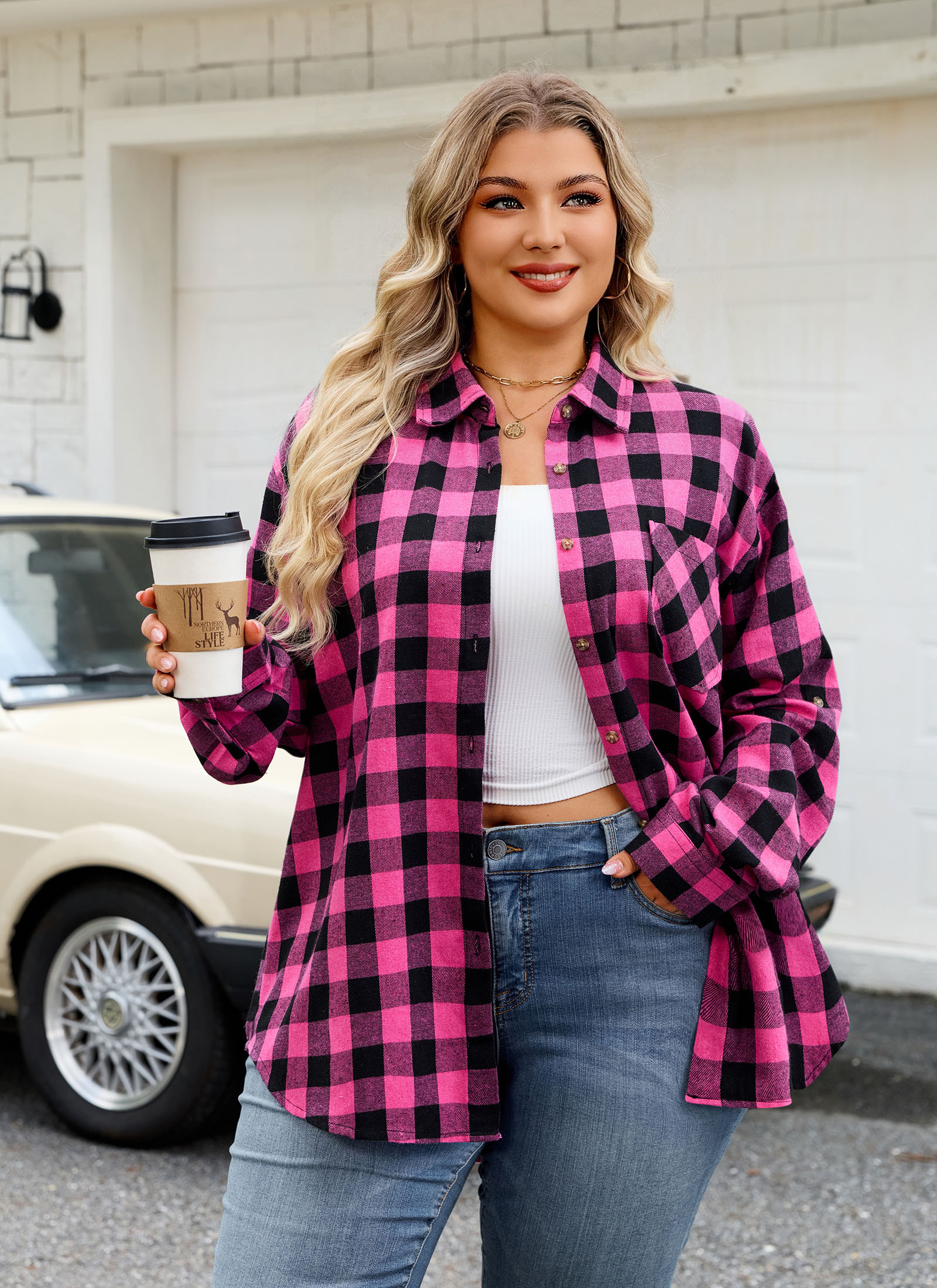Womens Plus Size Flannel Shirts Long Sleeve Button Down Plaid Shirt Roll Up Oversize Checkered Blouse Top Fall A-03 Hot Pink Flannel Plaid Shirt