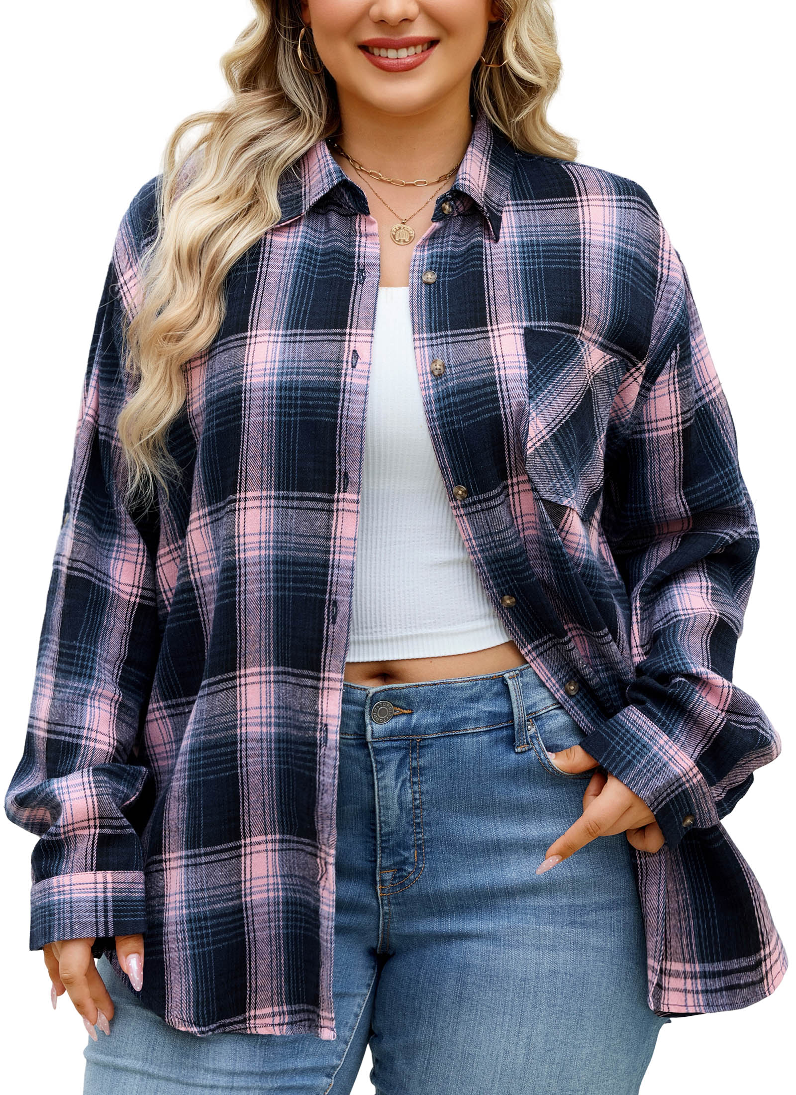 Womens Plus Size Flannel Shirts Long Sleeve Button Down Plaid Shirt Roll Up Oversize Checkered Blouse Top Fall A-01 Pink Flannel Plaid Shirt