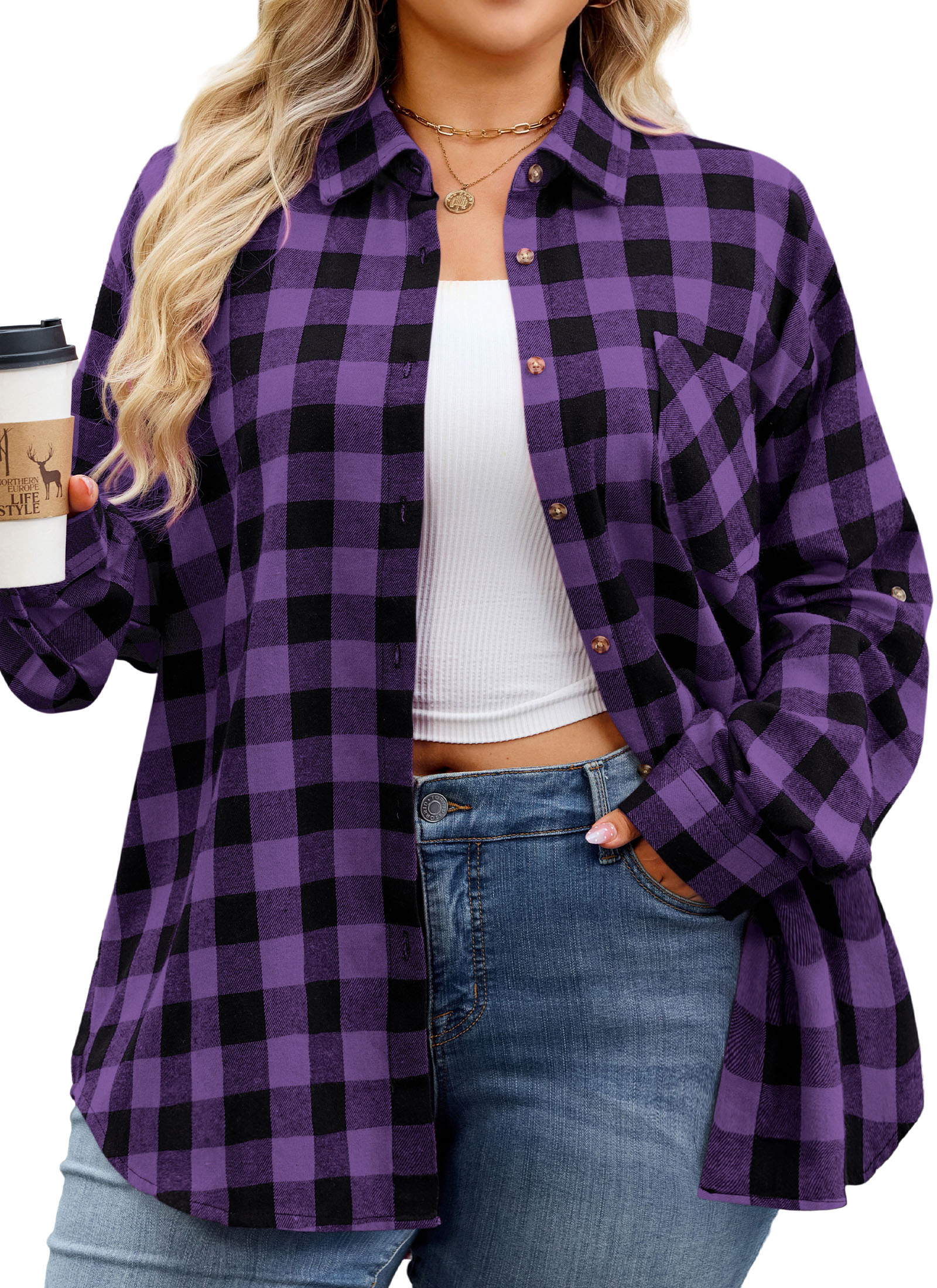 Womens Plus Size Flannel Shirts Long Sleeve Button Down Plaid Shirt Roll Up Oversize Checkered Blouse Top Fall C-01 Purple Flannel Shirt