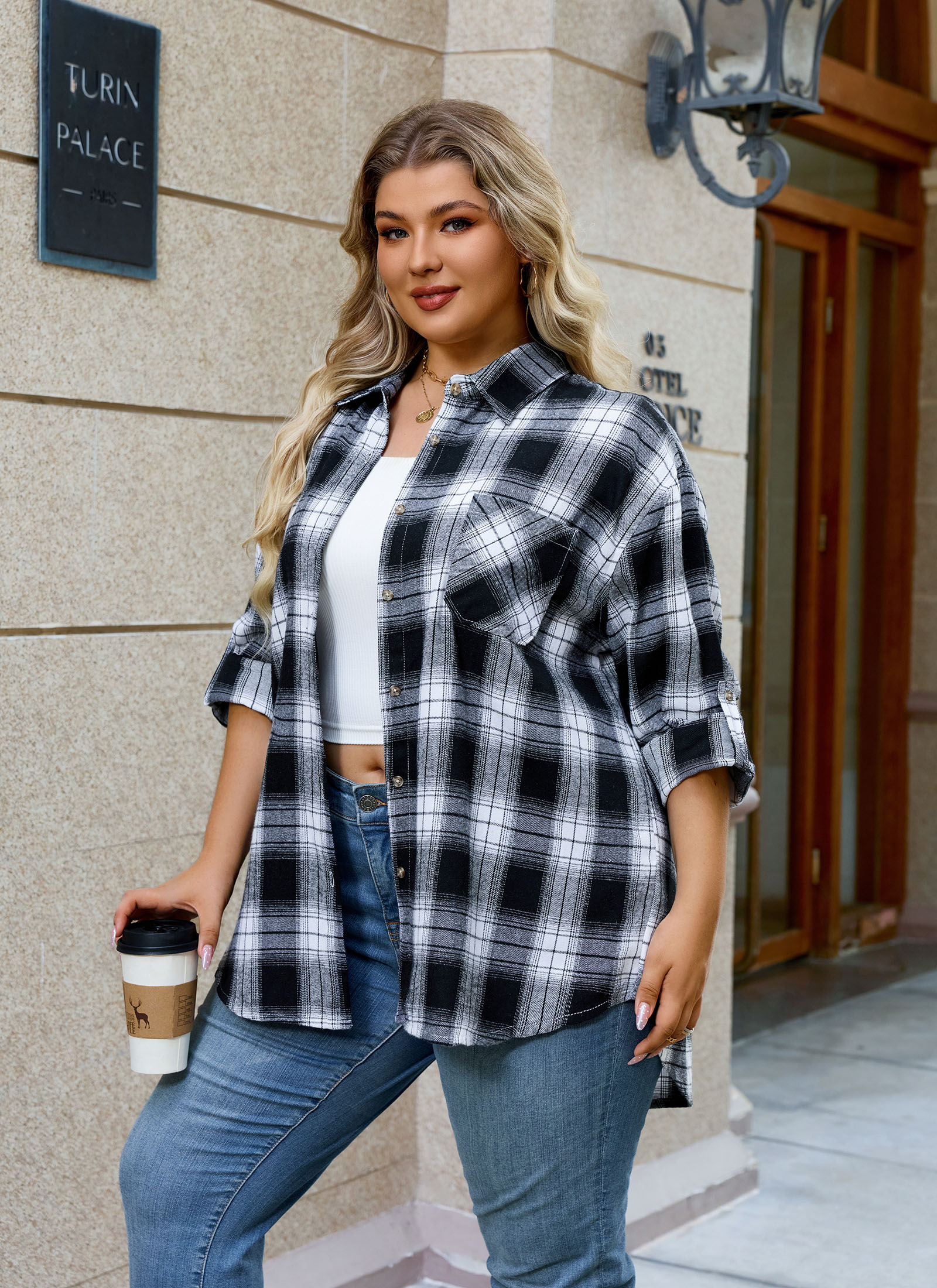 Womens Plus Size Flannel Shirts Long Sleeve Button Down Plaid Shirt Roll Up Oversize Checkered Blouse Top Fall B-01 Black White Plaid Shirt