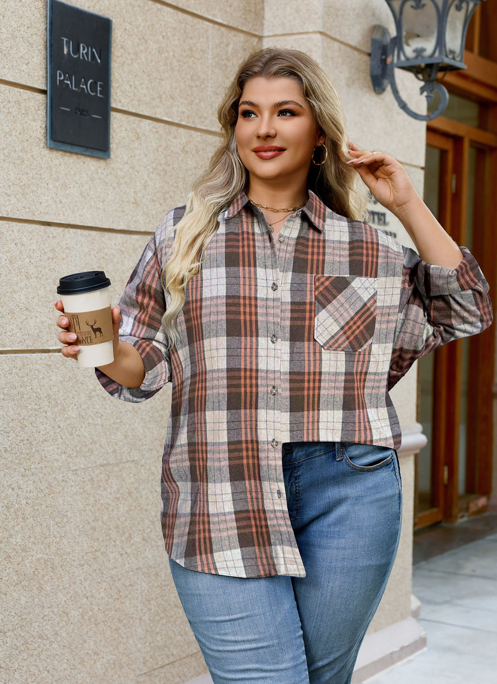 Womens Plus Size Flannel Shirts Long Sleeve Button Down Plaid Shirt Roll Up Oversize Checkered Blouse Top Fall G-02 Brown Plaid Shirts
