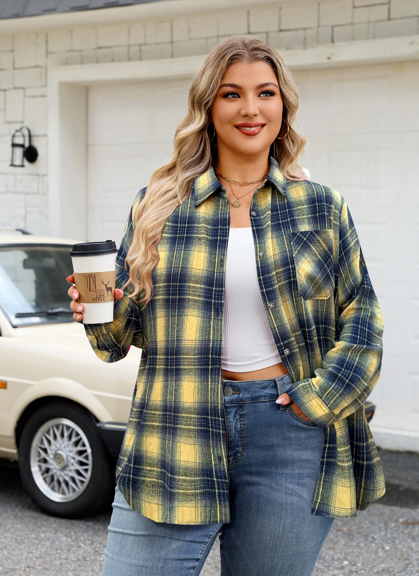 Womens Plus Size Flannel Shirts Long Sleeve Button Down Plaid Shirt Roll Up Oversize Checkered Blouse Top Fall G-01 Yellow Flannel Shirt