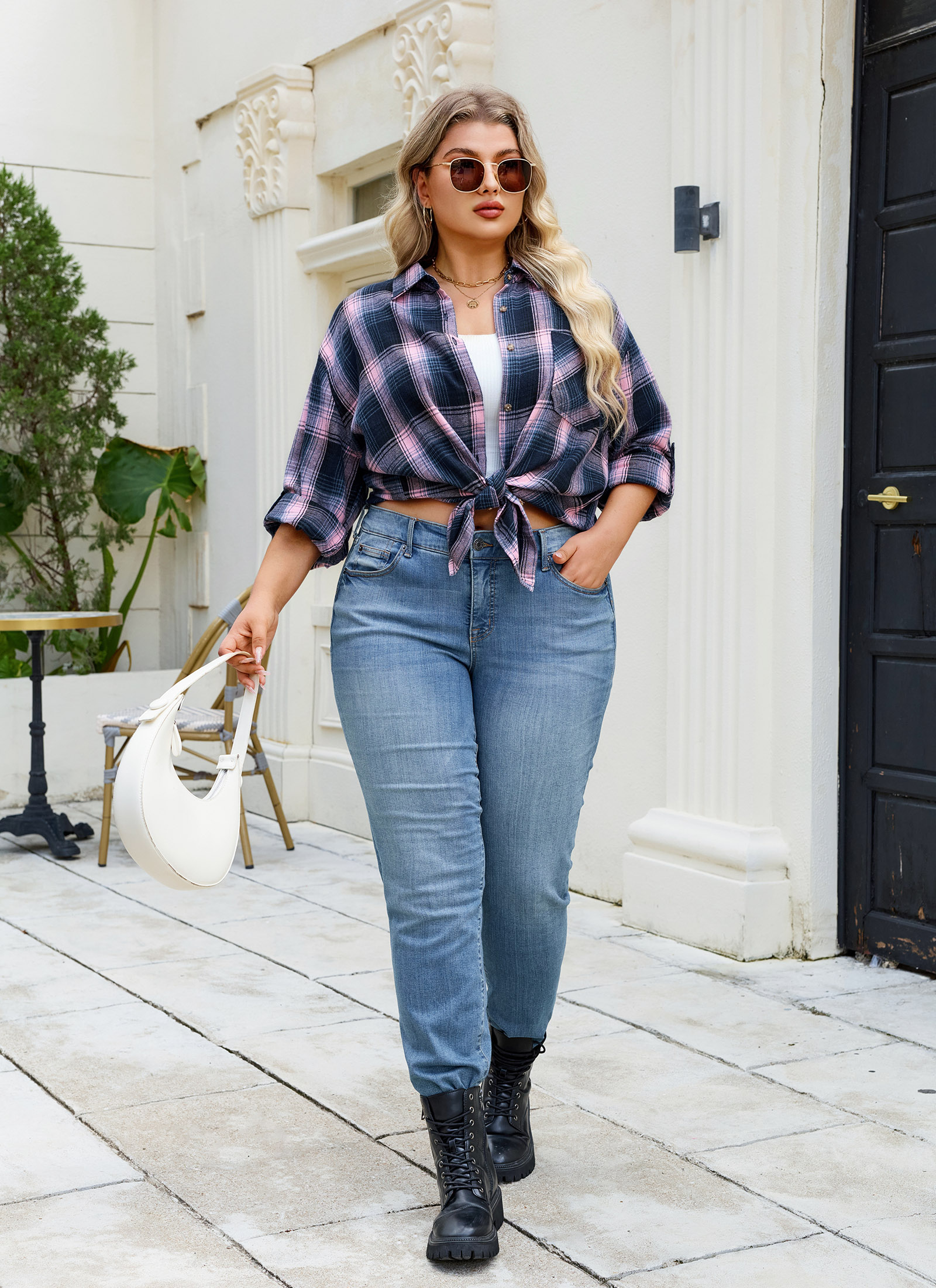 Womens Plus Size Flannel Shirts Long Sleeve Button Down Plaid Shirt Roll Up Oversize Checkered Blouse Top Fall A-01 Pink Flannel Plaid Shirt