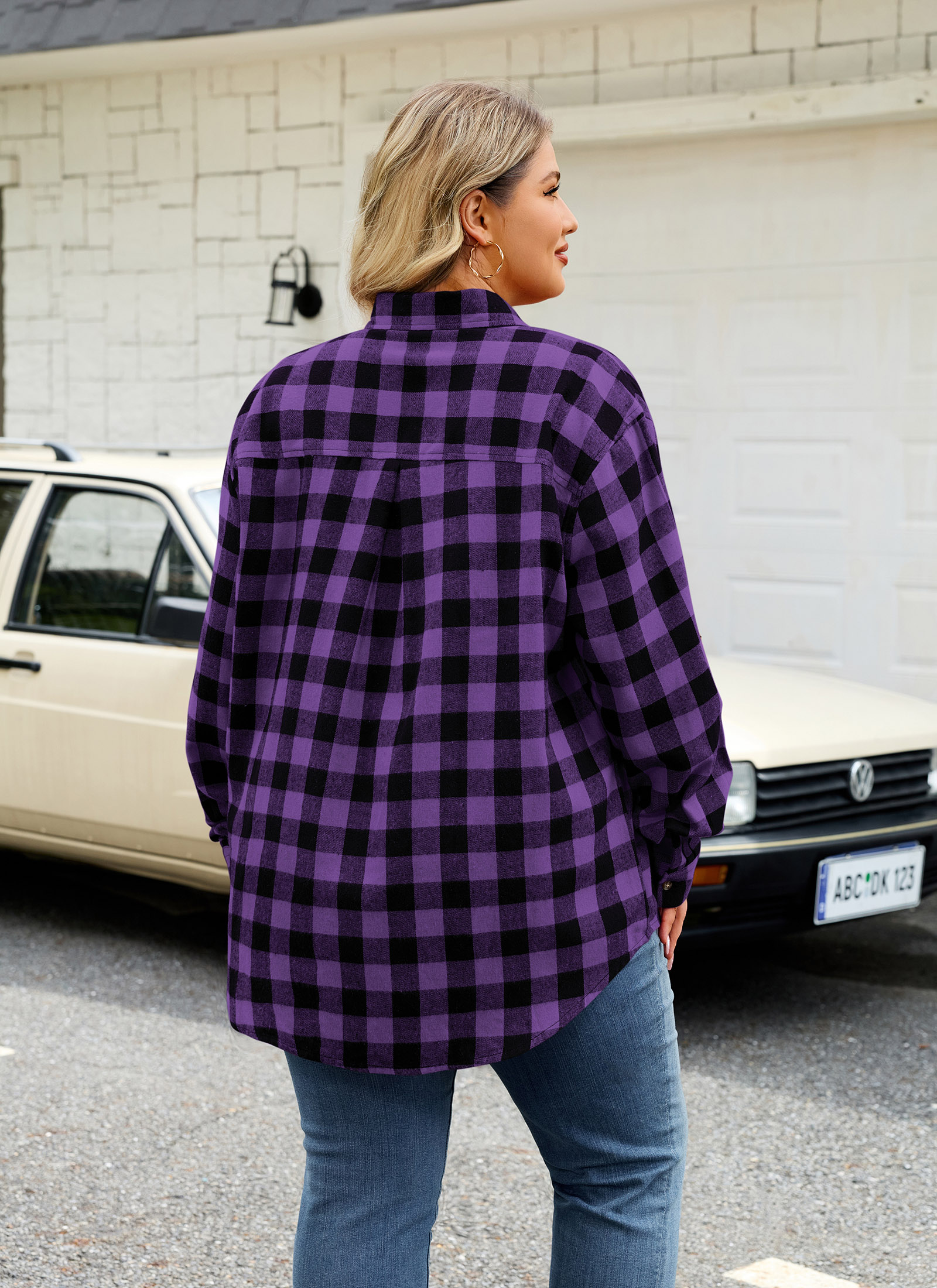 Womens Plus Size Flannel Shirts Long Sleeve Button Down Plaid Shirt Roll Up Oversize Checkered Blouse Top Fall C-01 Purple Flannel Shirt