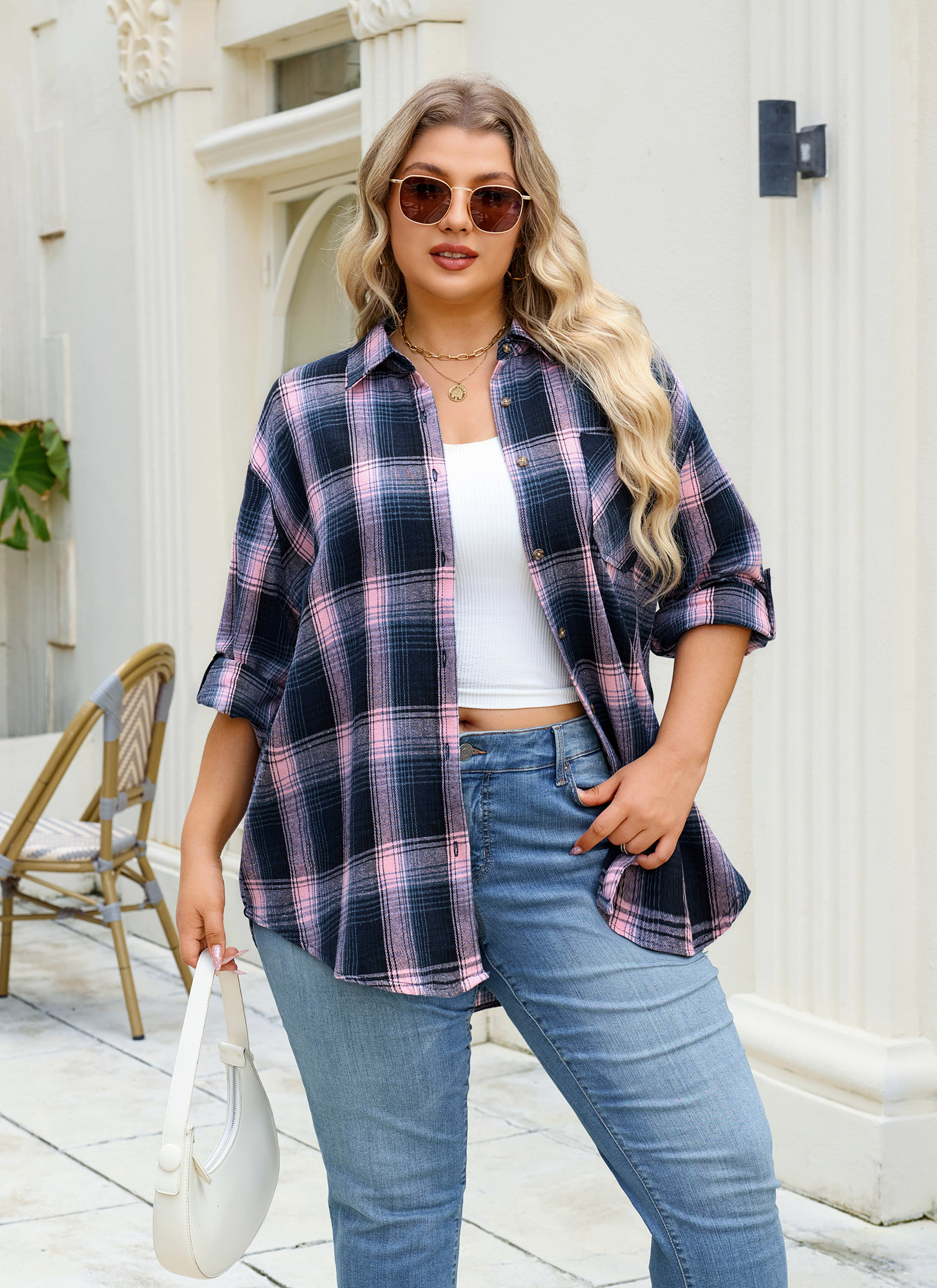 Womens Plus Size Flannel Shirts Long Sleeve Button Down Plaid Shirt Roll Up Oversize Checkered Blouse Top Fall A-01 Pink Flannel Plaid Shirt