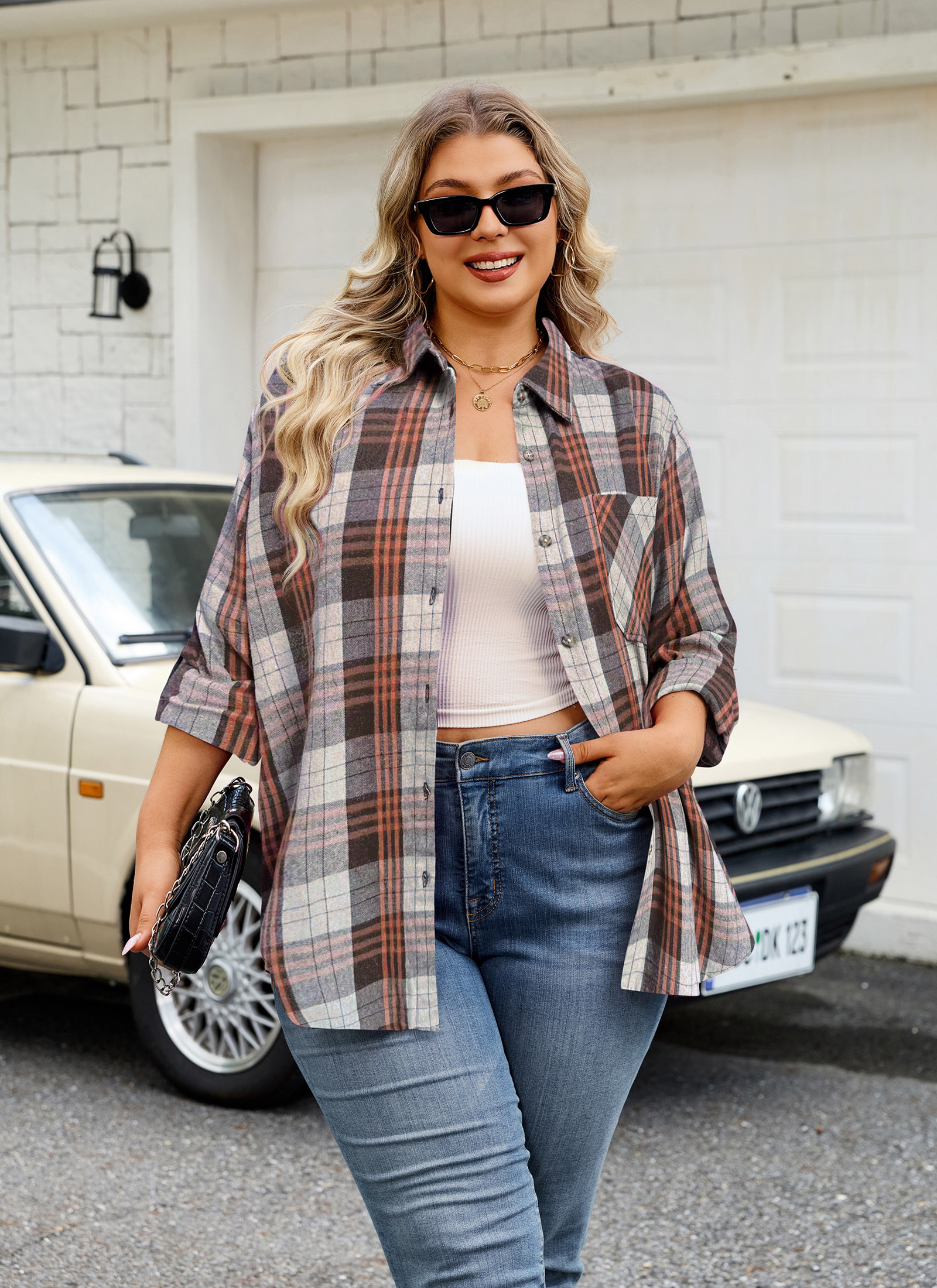 Womens Plus Size Flannel Shirts Long Sleeve Button Down Plaid Shirt Roll Up Oversize Checkered Blouse Top Fall G-02 Brown Plaid Shirts
