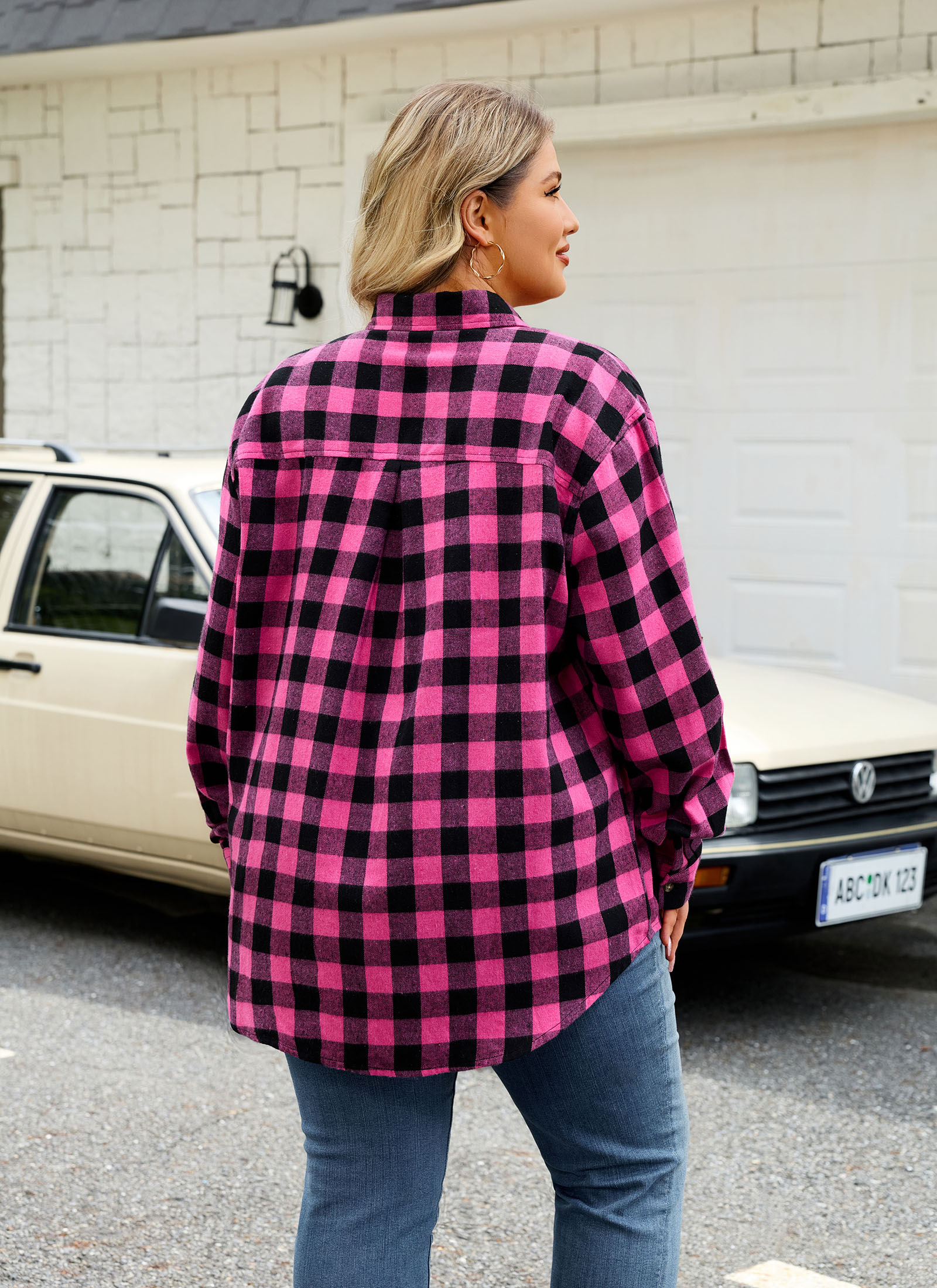 Womens Plus Size Flannel Shirts Long Sleeve Button Down Plaid Shirt Roll Up Oversize Checkered Blouse Top Fall A-03 Hot Pink Flannel Plaid Shirt