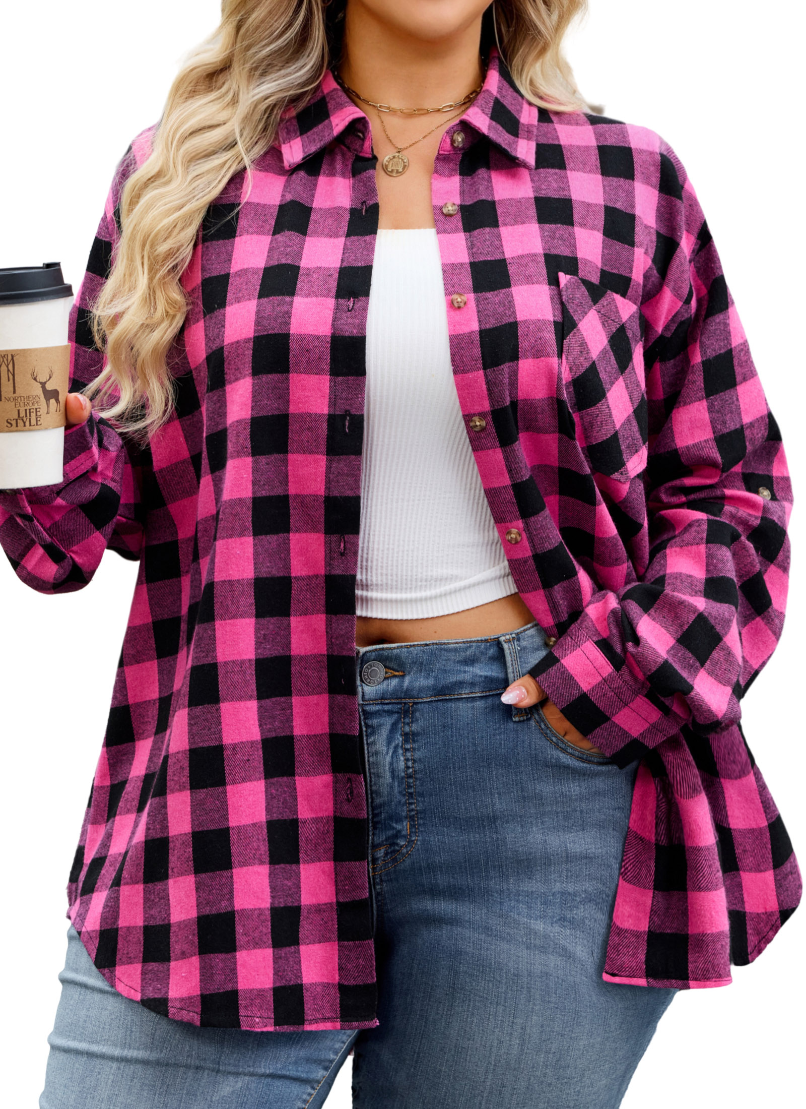 Womens Plus Size Flannel Shirts Long Sleeve Button Down Plaid Shirt Roll Up Oversize Checkered Blouse Top Fall A-03 Hot Pink Flannel Plaid Shirt