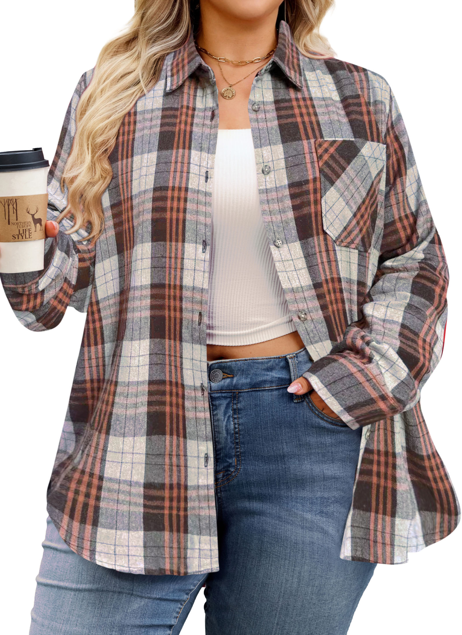 Womens Plus Size Flannel Shirts Long Sleeve Button Down Plaid Shirt Roll Up Oversize Checkered Blouse Top Fall G-02 Brown Plaid Shirts