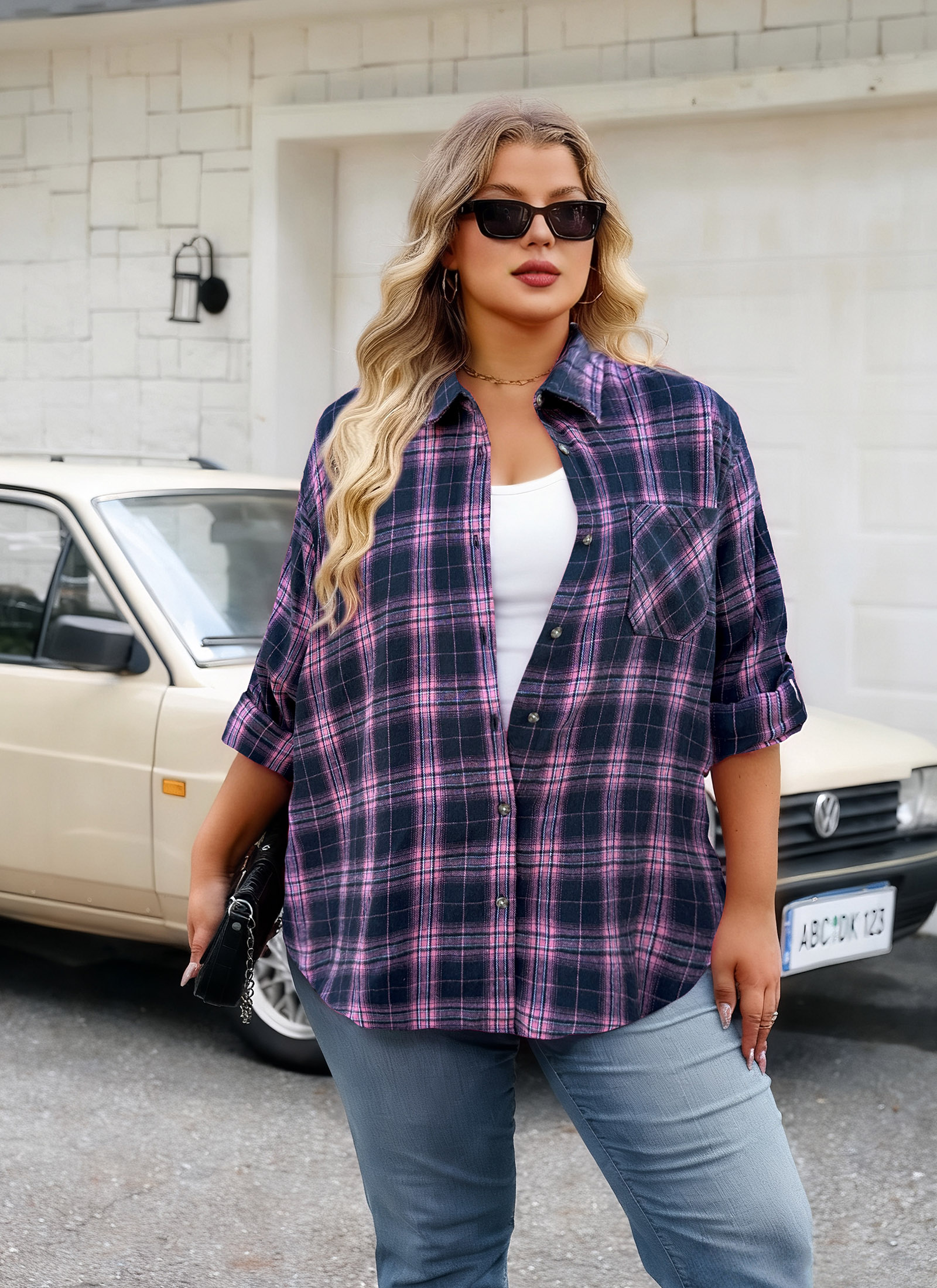 Womens Plus Size Flannel Shirts Long Sleeve Button Down Plaid Shirt Roll Up Oversize Checkered Blouse Top Fall A-02 Pink Navy Blue Plaid Shirt