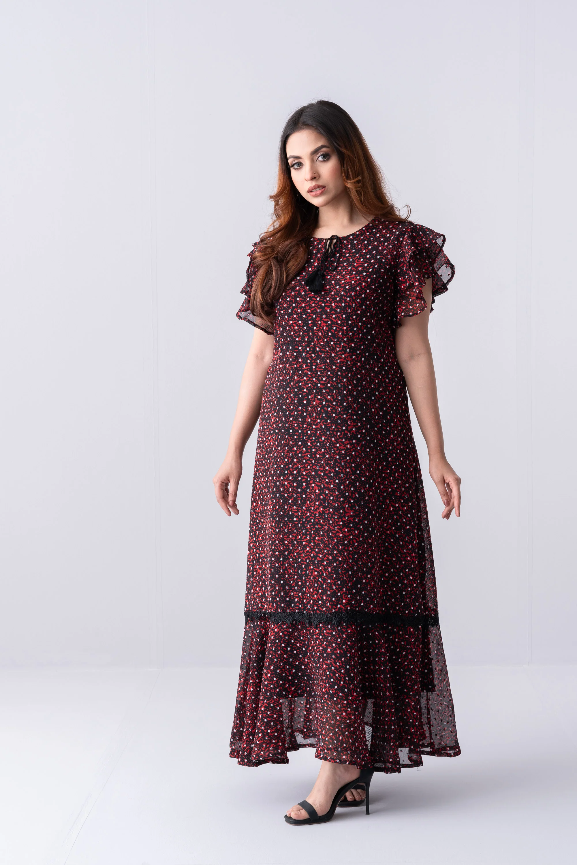 Ditsy Printed Georgette Long Dress - XTXFMF
