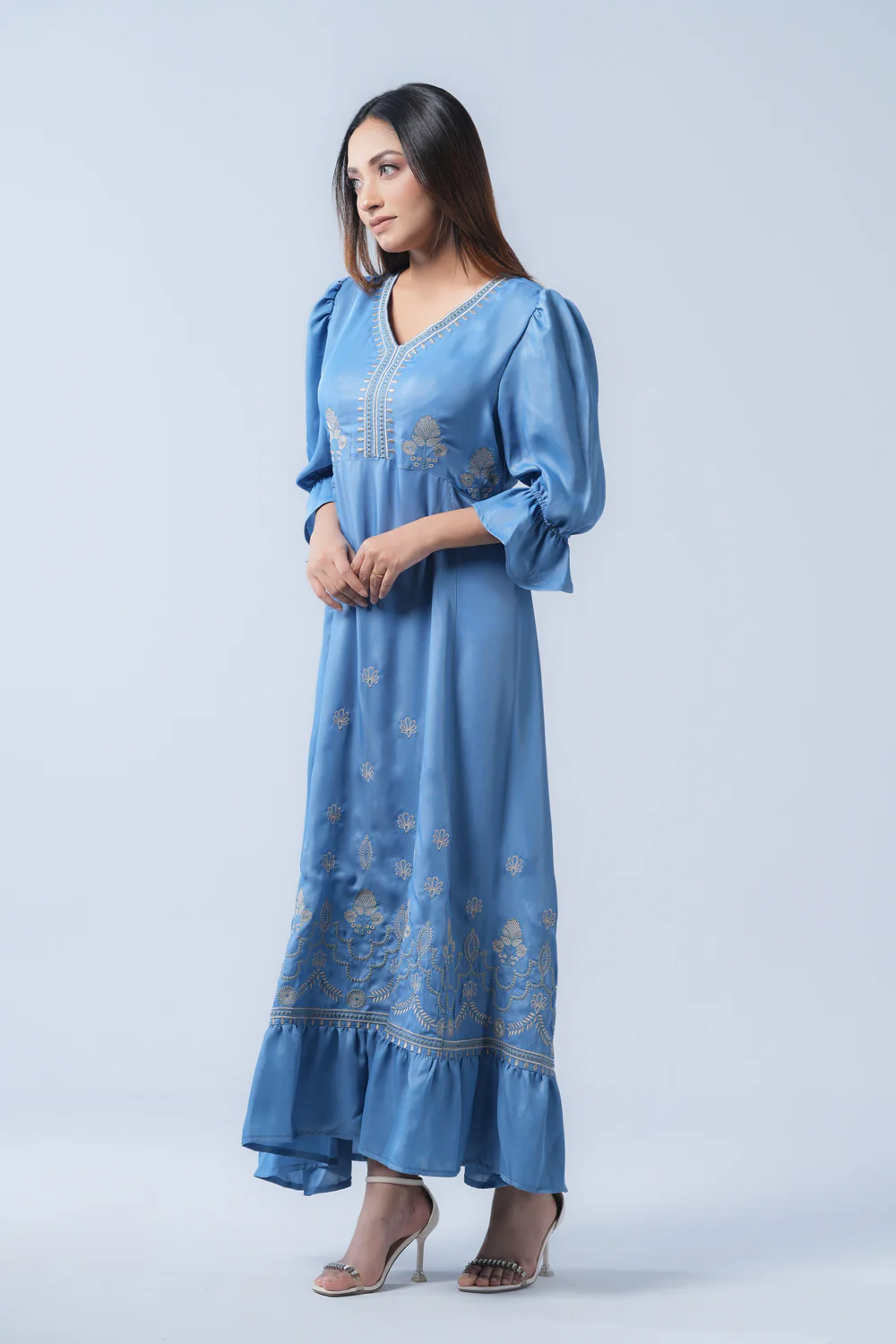 V-Neck Polyester Georgette Long Dress - XTXFMF