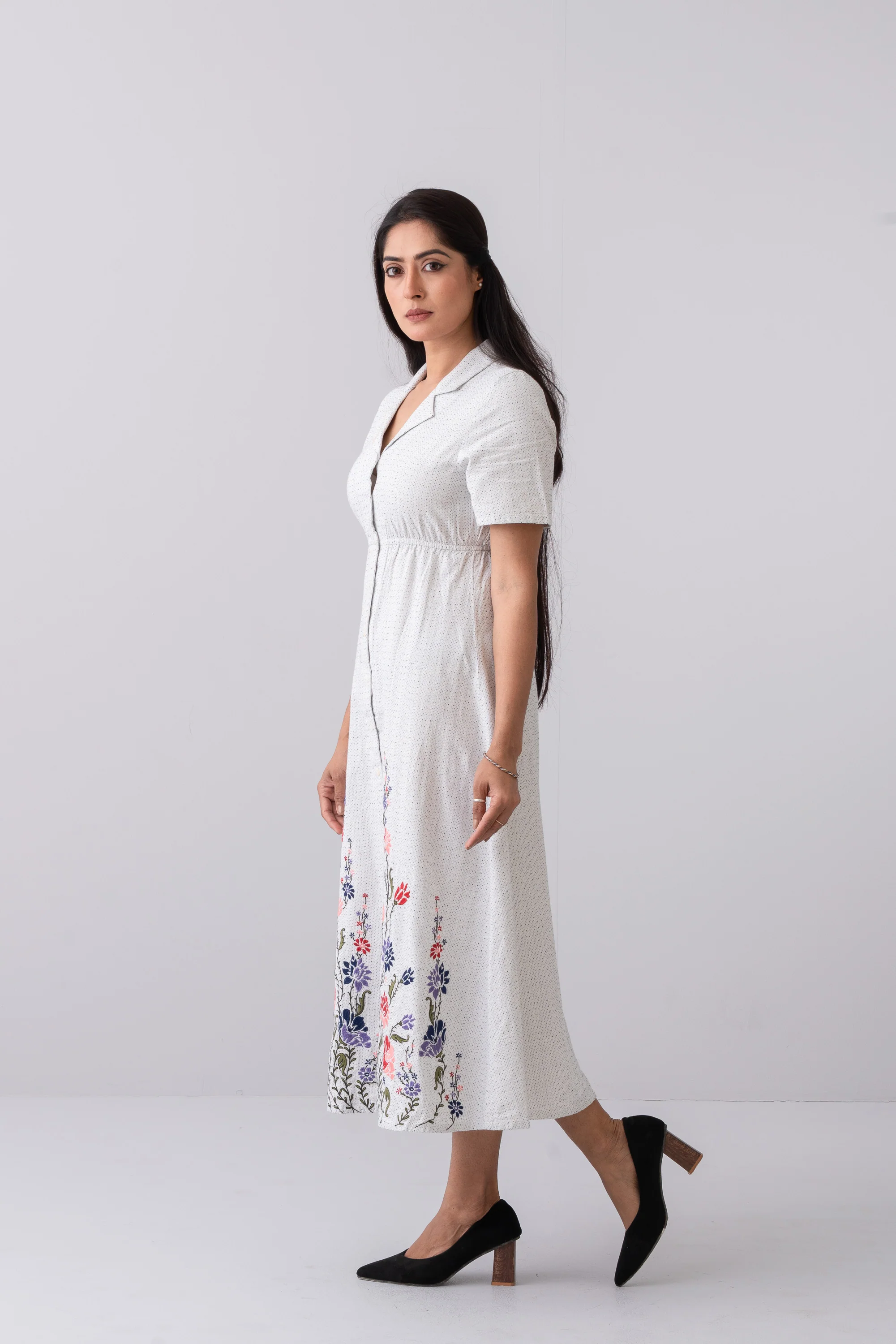 A-Line Shirt-Style Floral Long Dress - XTXFMF