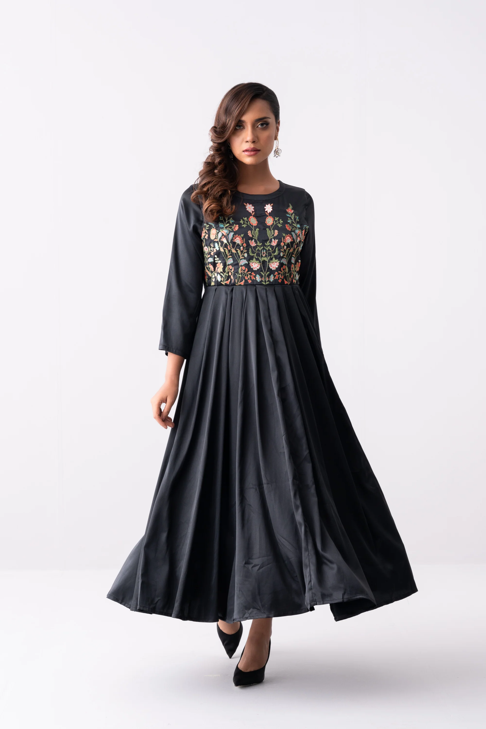 Floral Embroidered Satin Long Dress - XTXFMF