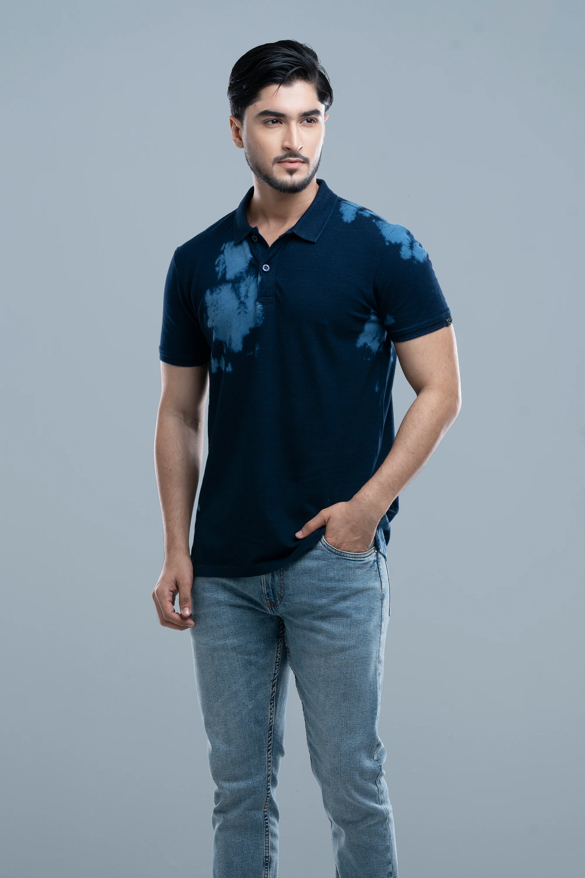 Regular Fit Indigo Washed Polo Shirt - XTXFMF