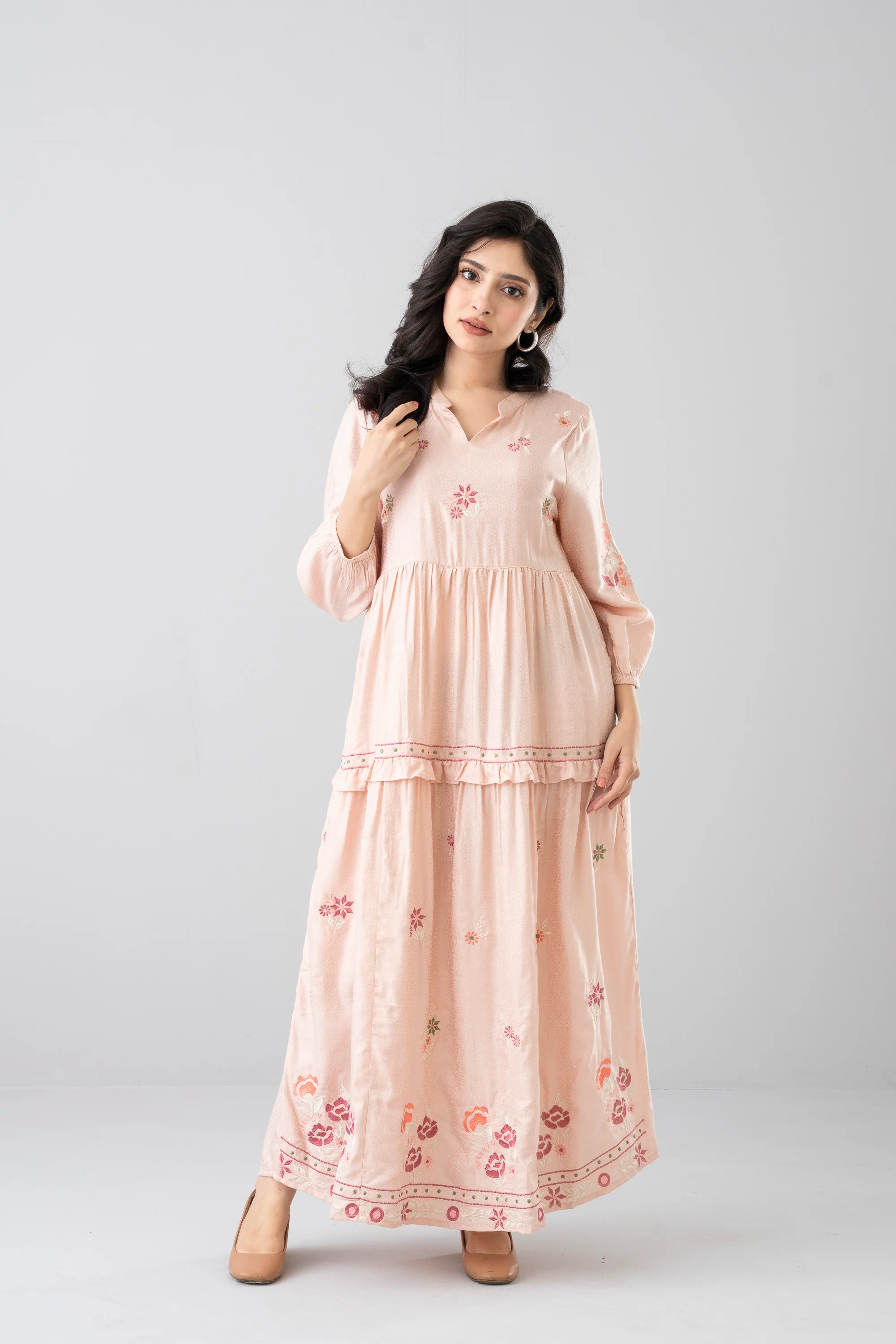 Floral Embroidered Jacquard Long Dress - XTXFMF