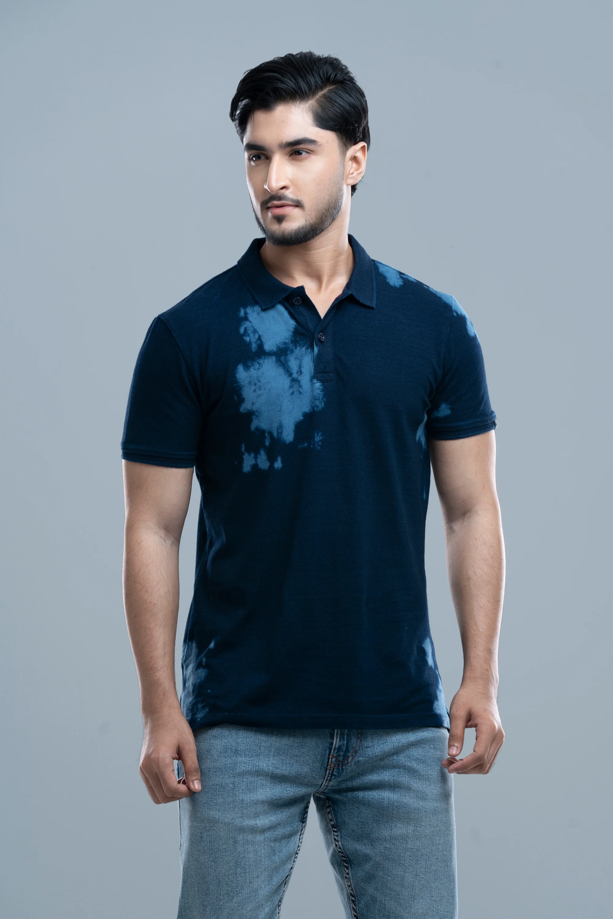 Regular Fit Indigo Washed Polo Shirt - XTXFMF