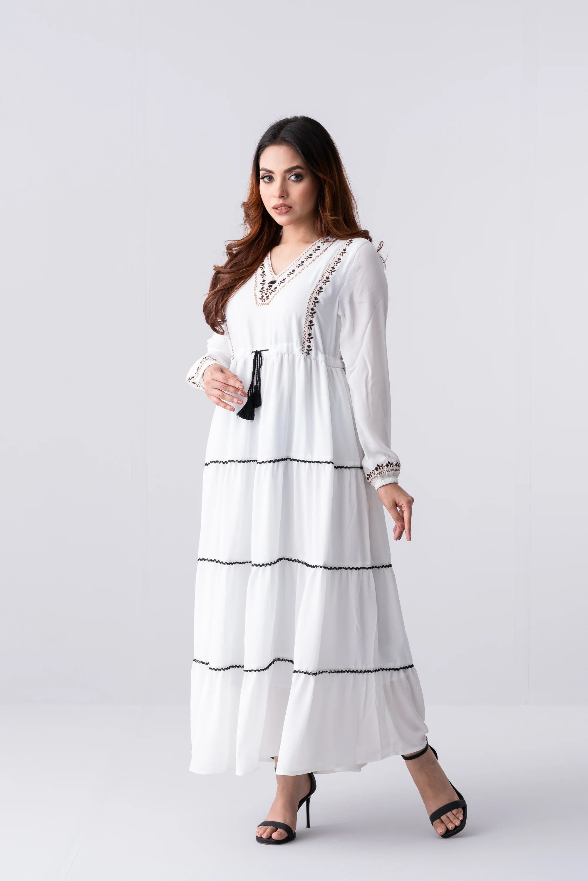 Georgette V-Neck Long Dress - XTXFMF