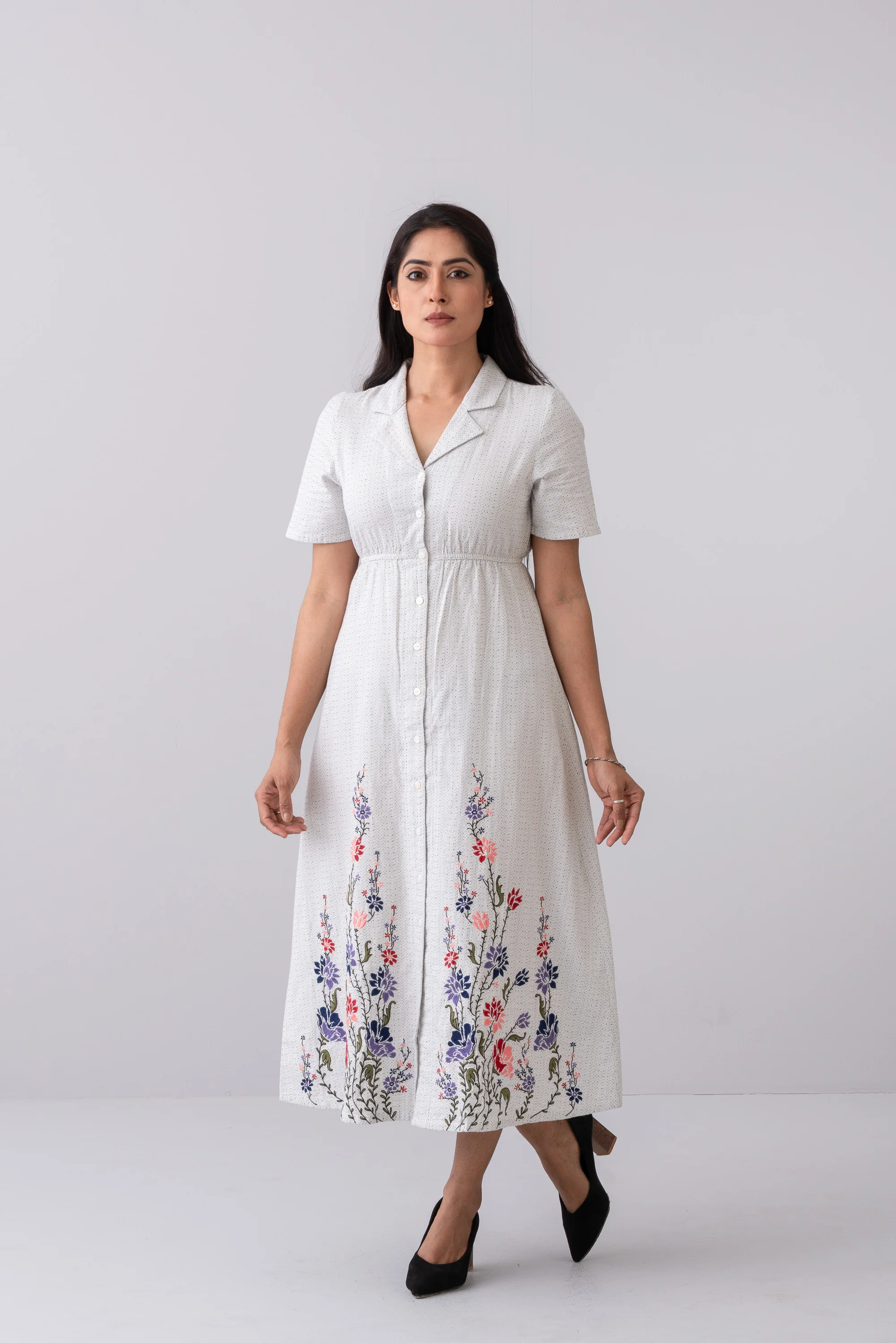 A-Line Shirt-Style Floral Long Dress - XTXFMF