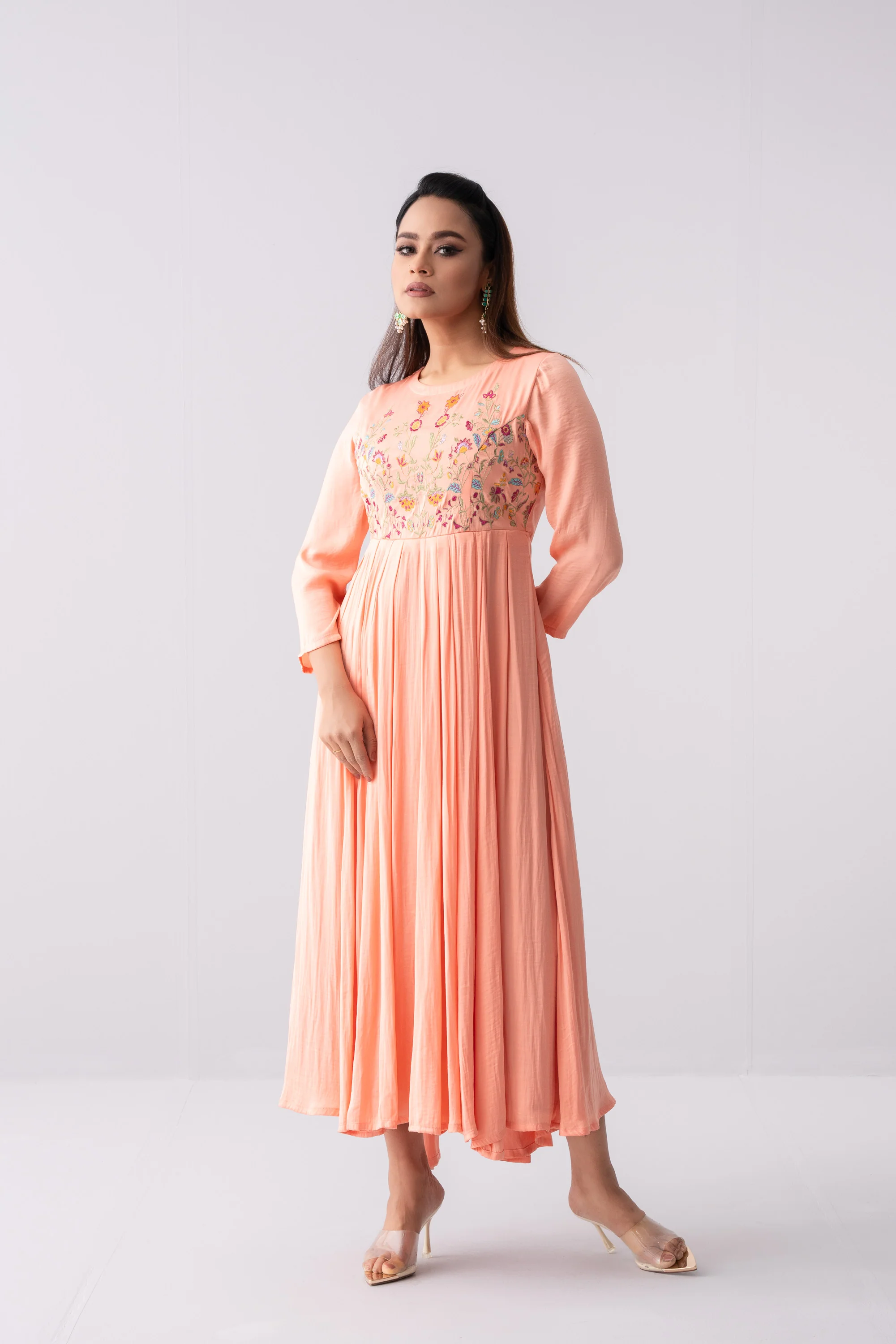 Floral Embroidered Satin Long Dress - XTXFMF