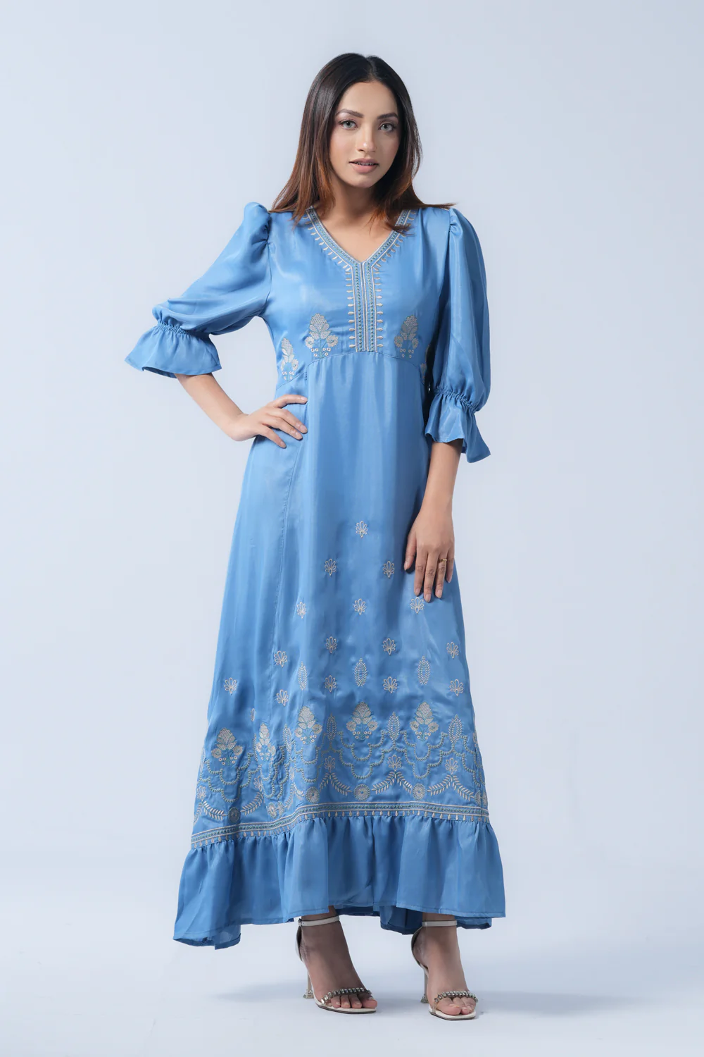 V-Neck Polyester Georgette Long Dress - XTXFMF