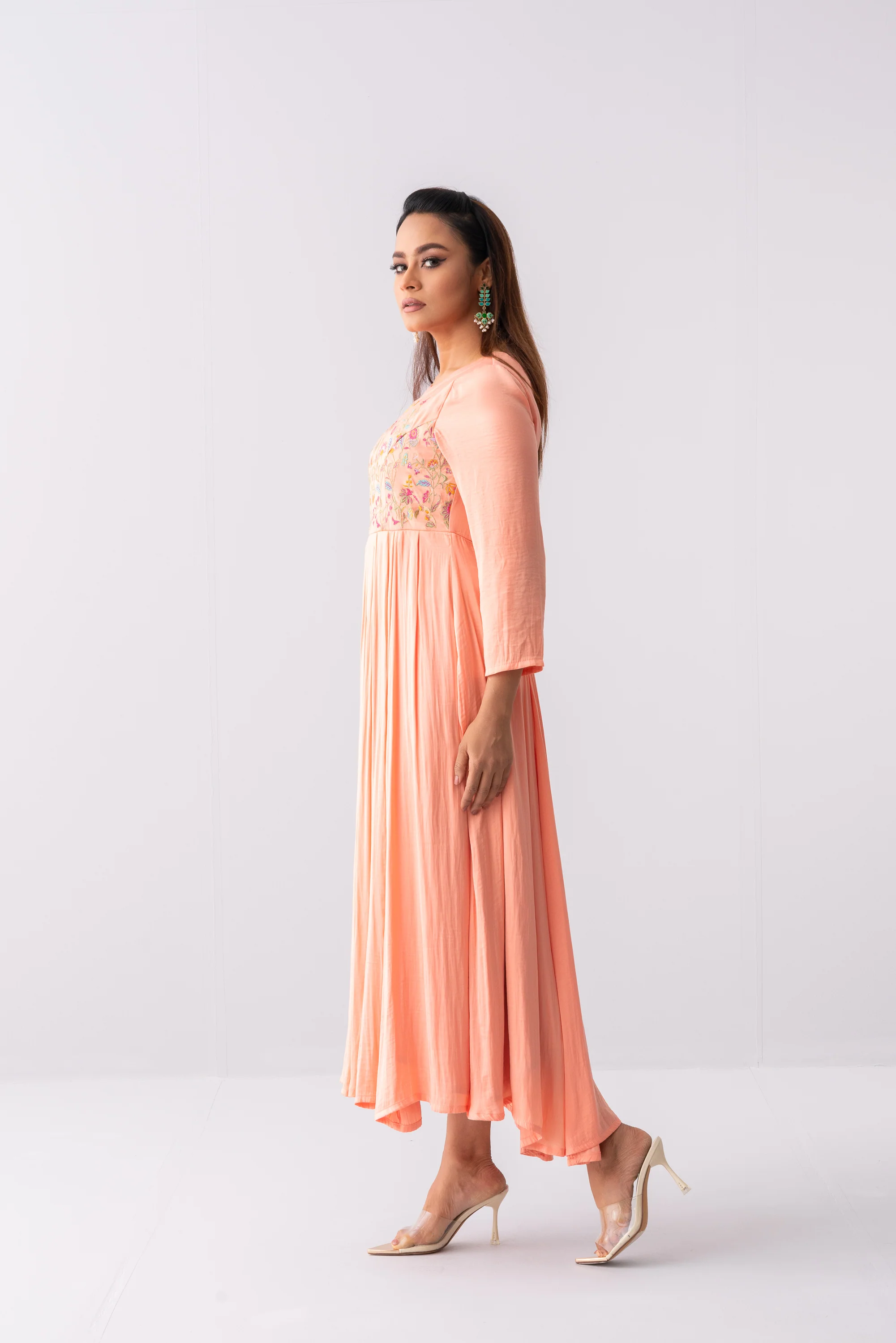 Floral Embroidered Satin Long Dress - XTXFMF