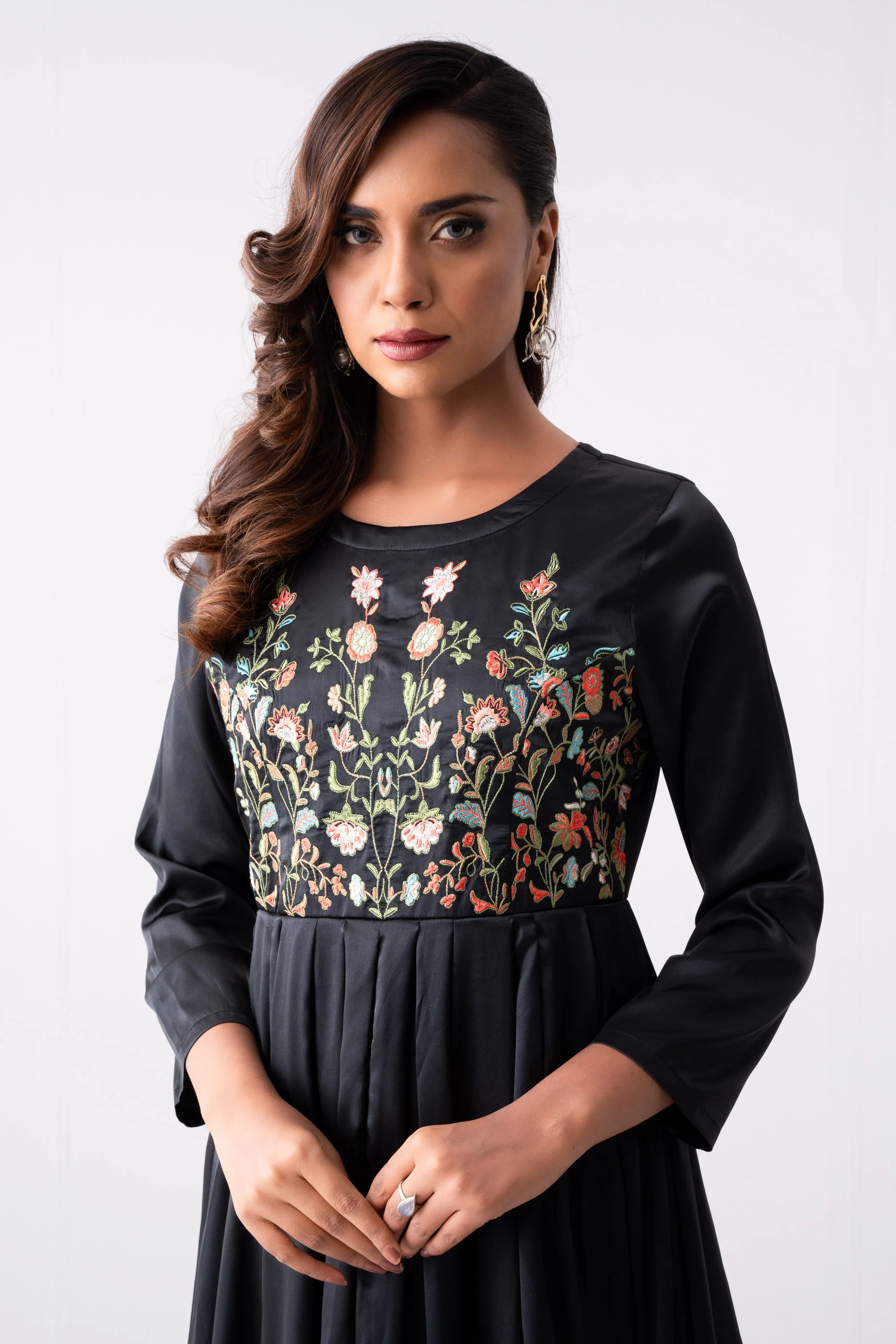 Floral Embroidered Satin Long Dress - XTXFMF