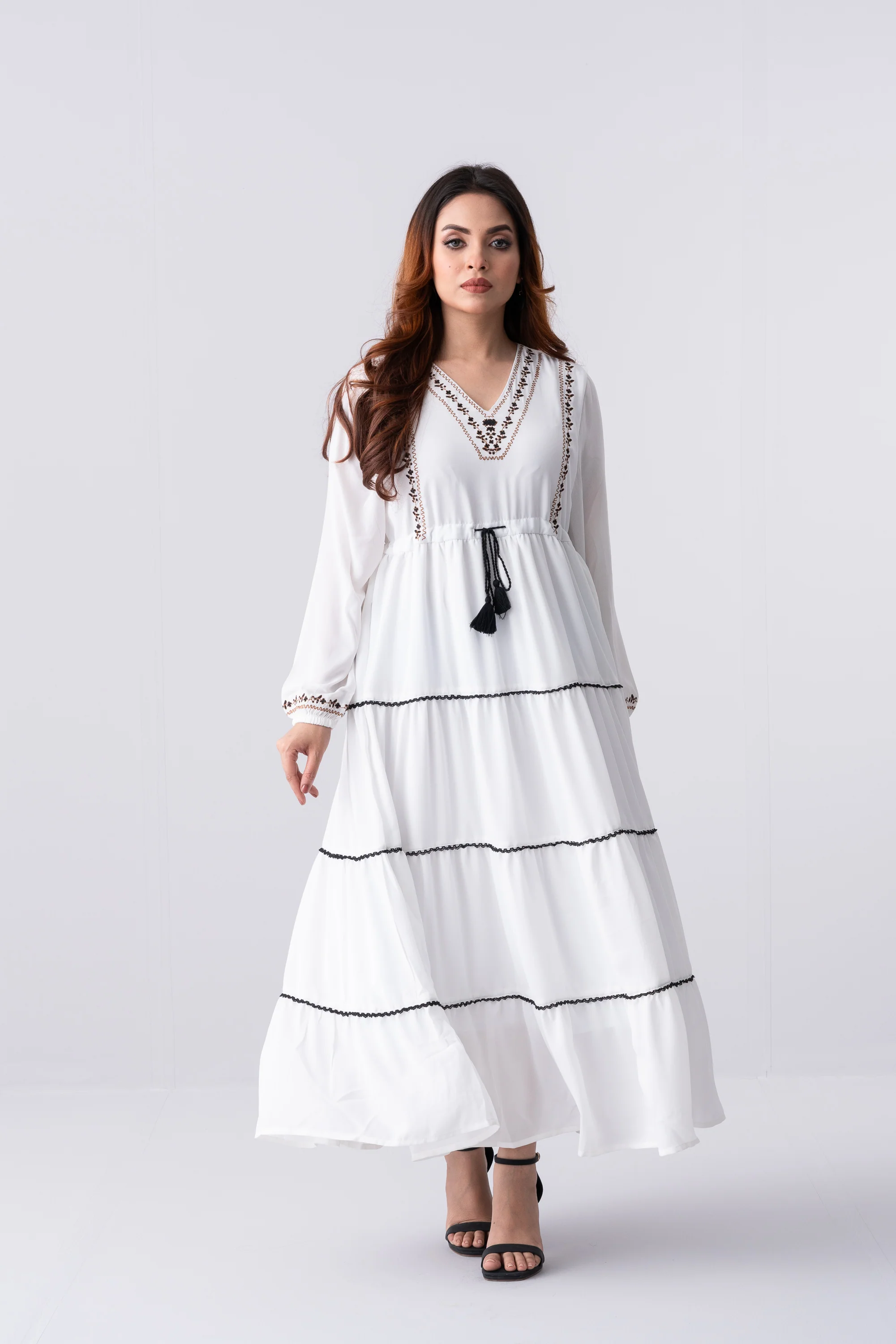 Georgette V-Neck Long Dress - XTXFMF