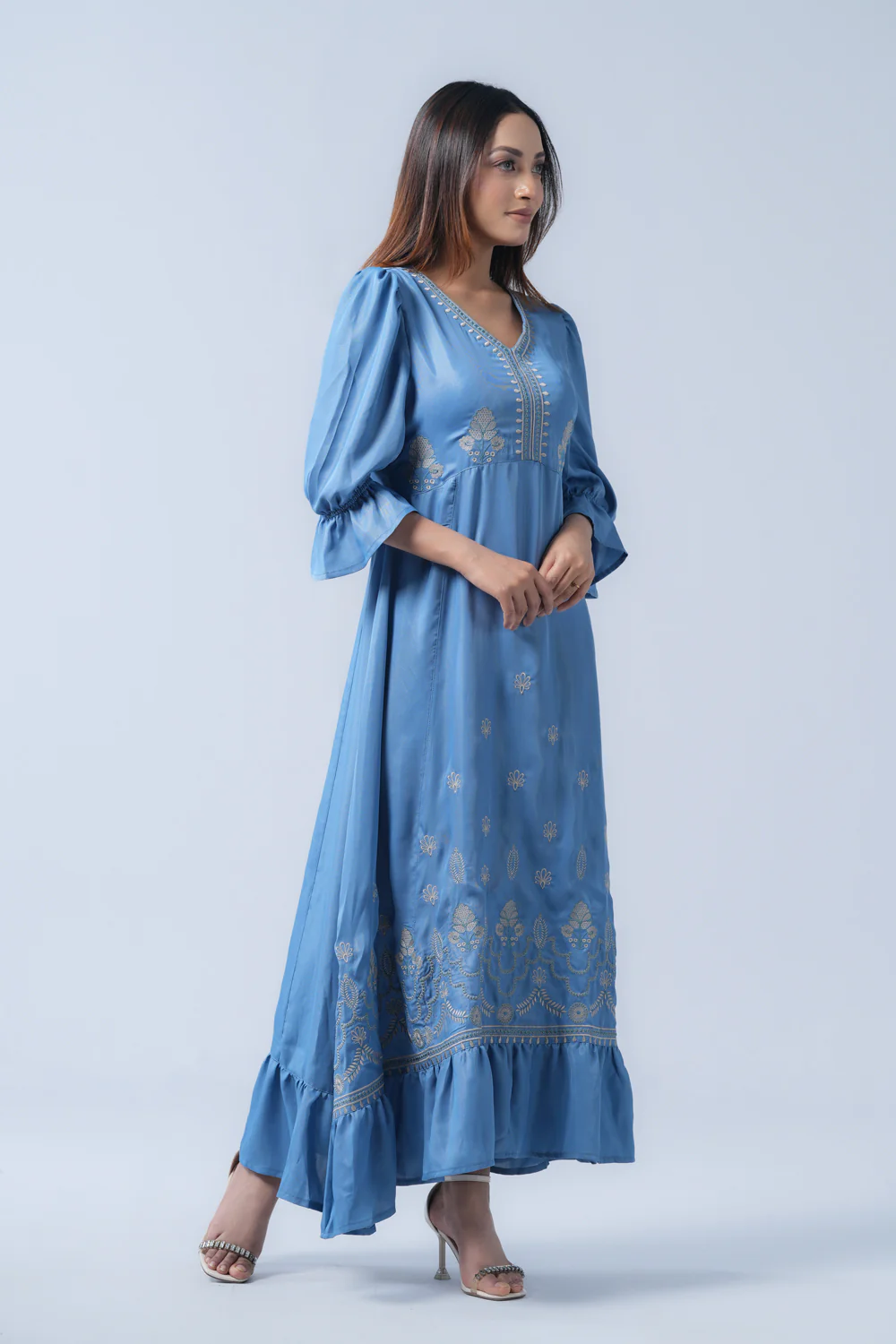 V-Neck Polyester Georgette Long Dress - XTXFMF