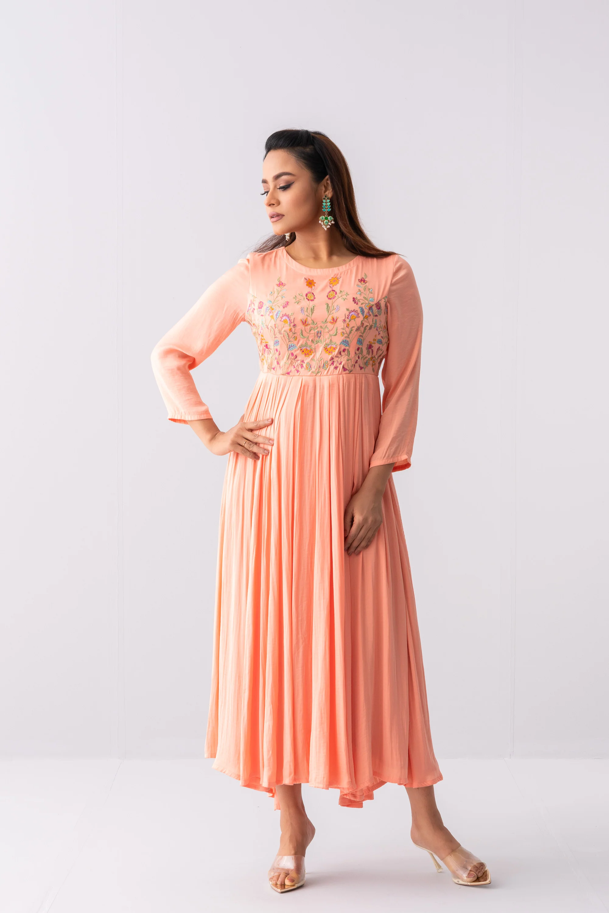 Floral Embroidered Satin Long Dress - XTXFMF