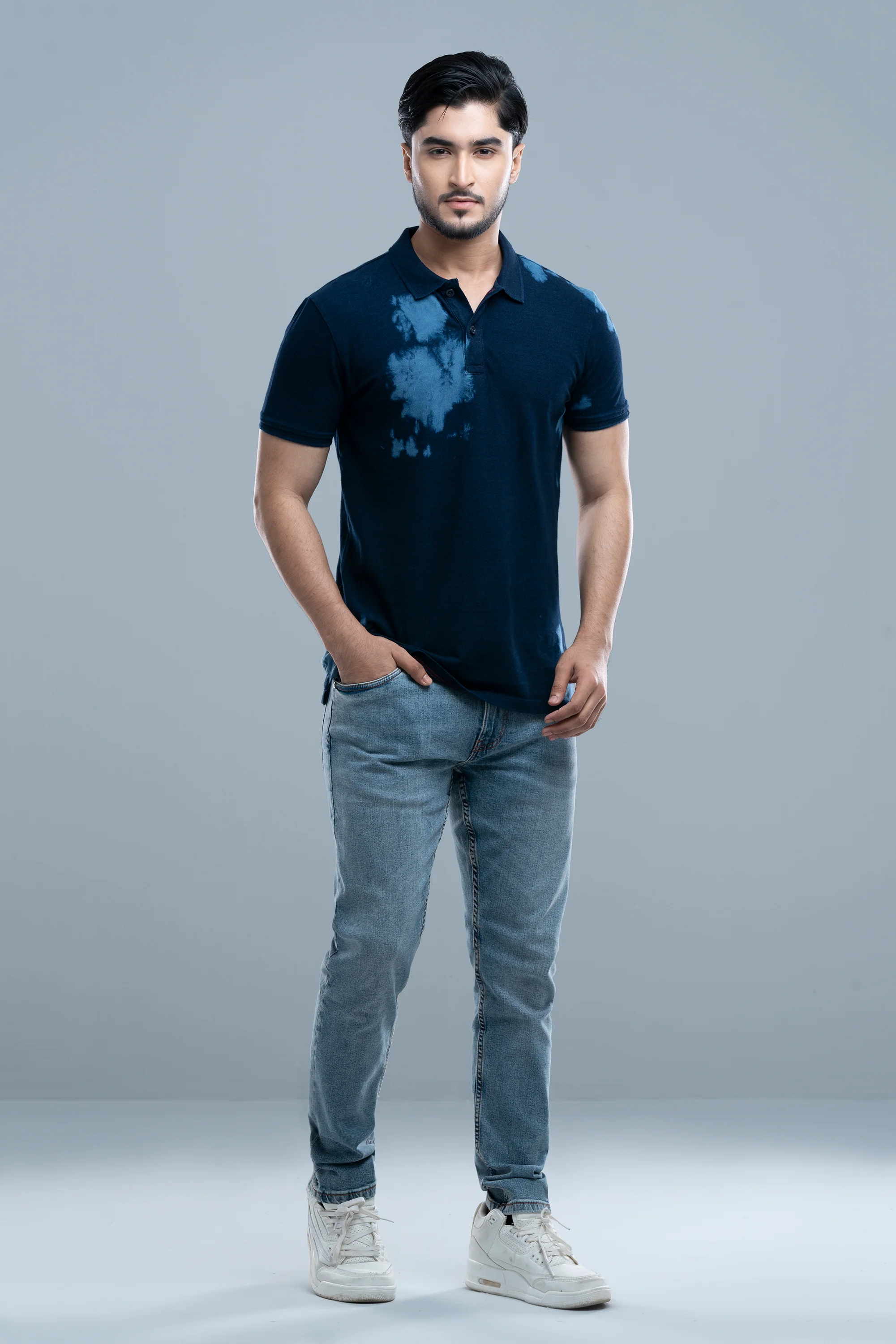 Regular Fit Indigo Washed Polo Shirt - XTXFMF