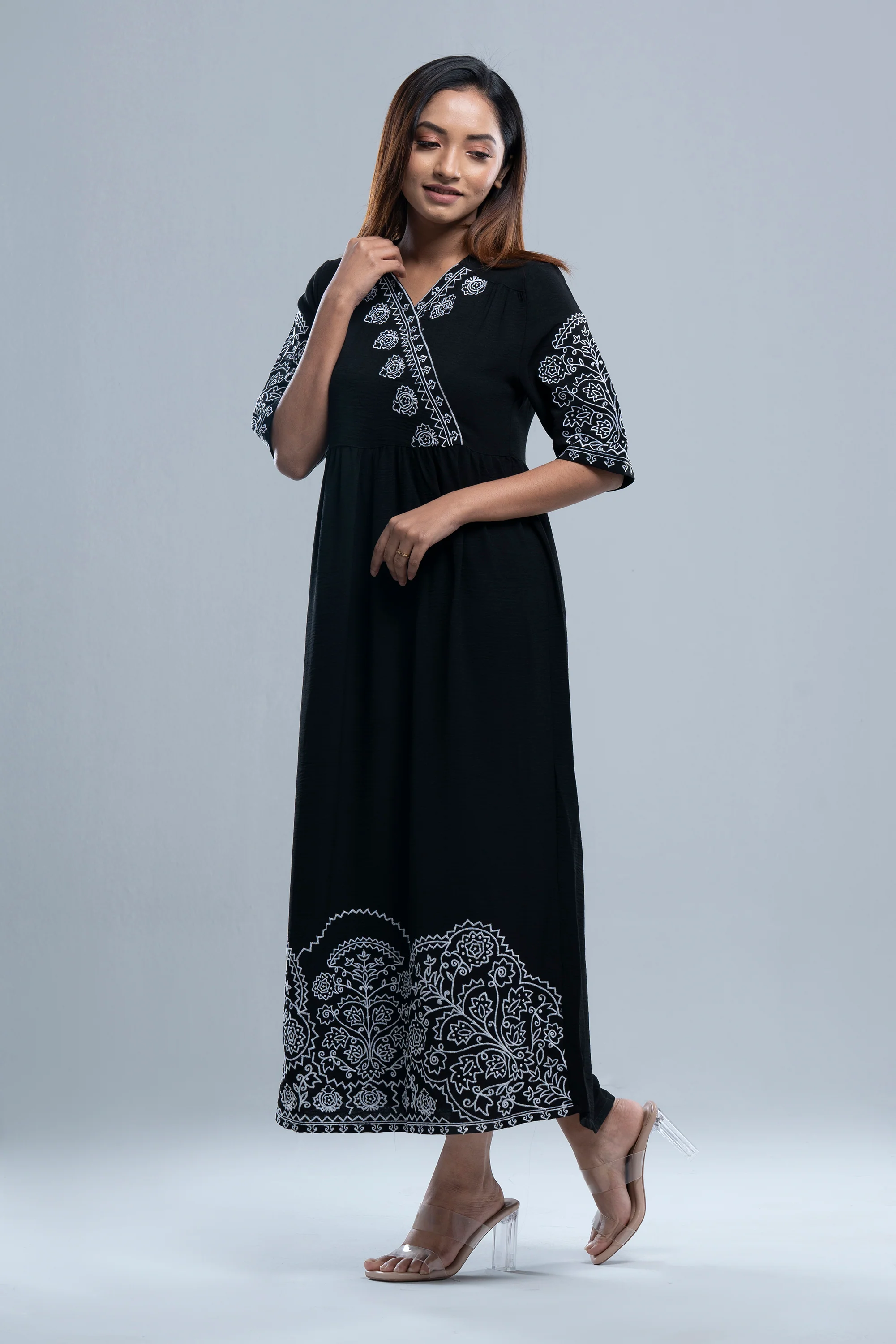 Floral Embroidered Georgette Long Dress - XTXFMF