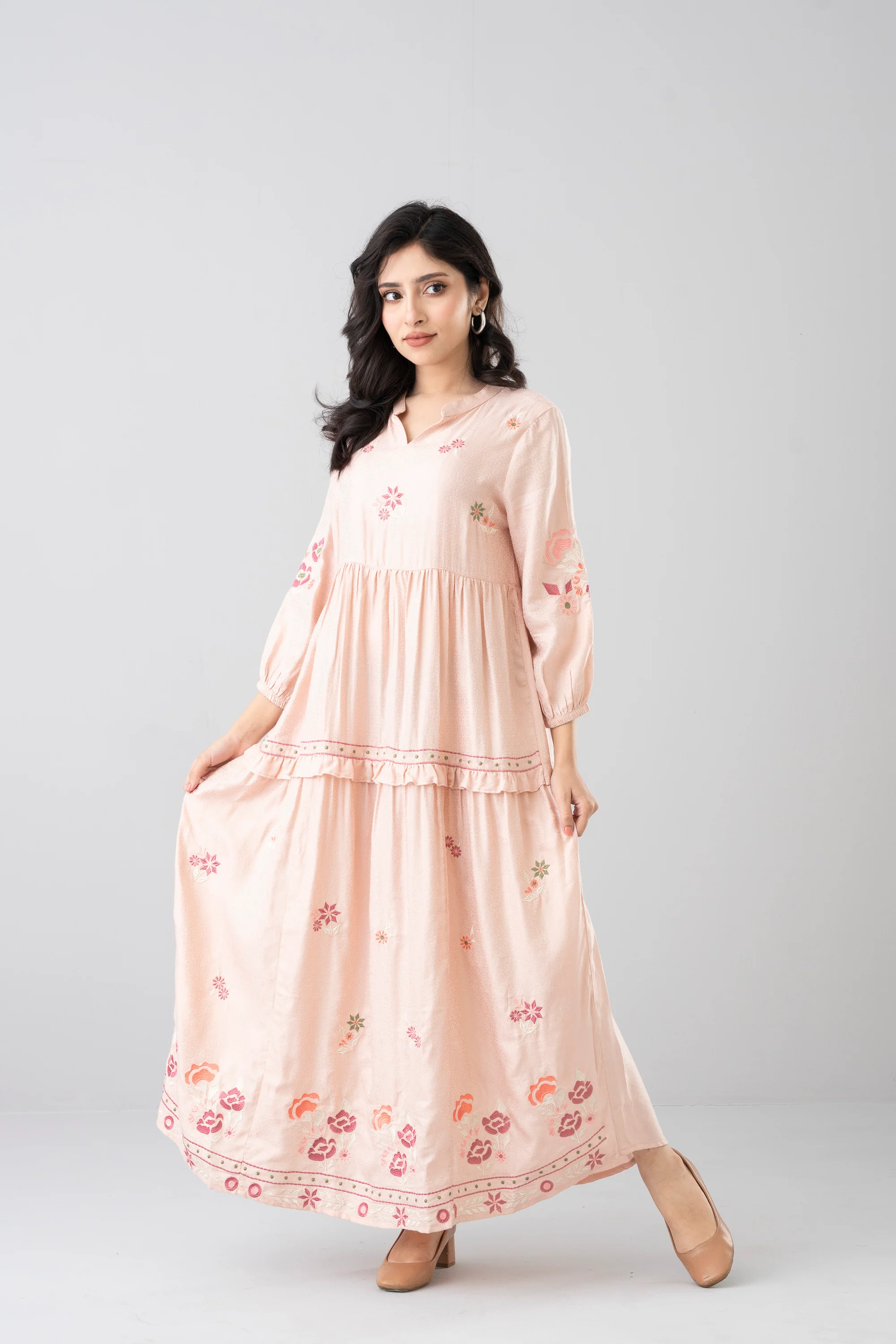Floral Embroidered Jacquard Long Dress - XTXFMF