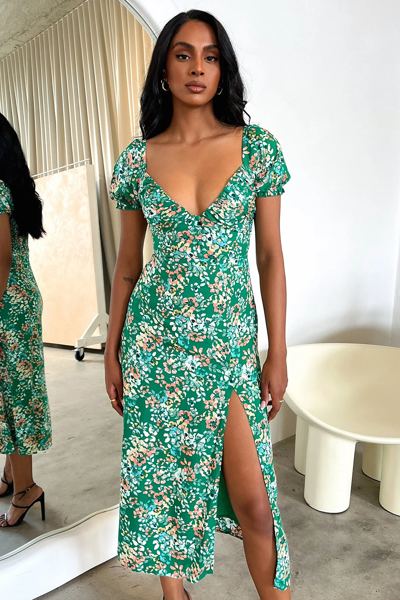 Solem Midi Dress - Dark Green Floral - XTXFMF