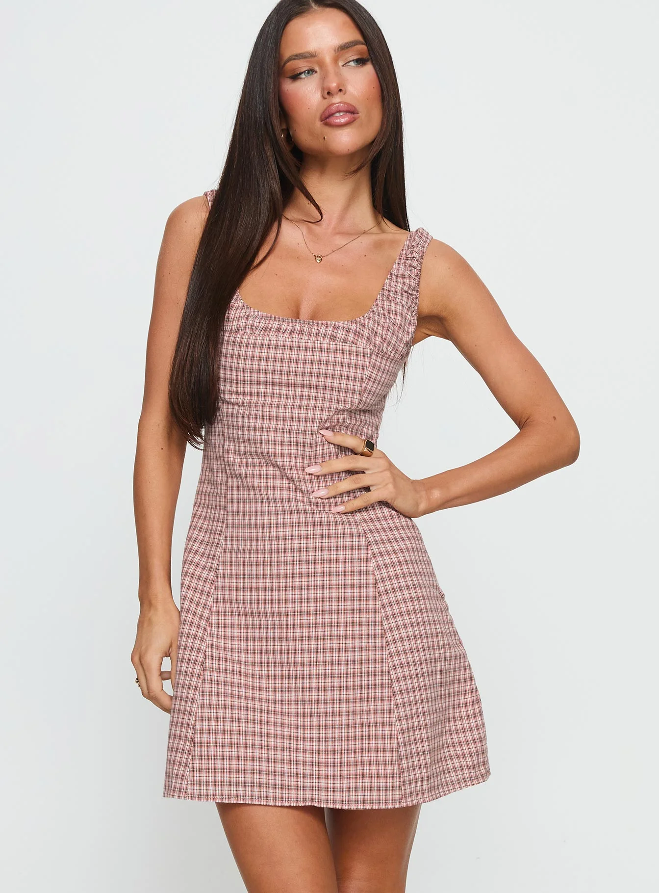 Denley Cinched Mini Dress Pink Check - XTXFMF