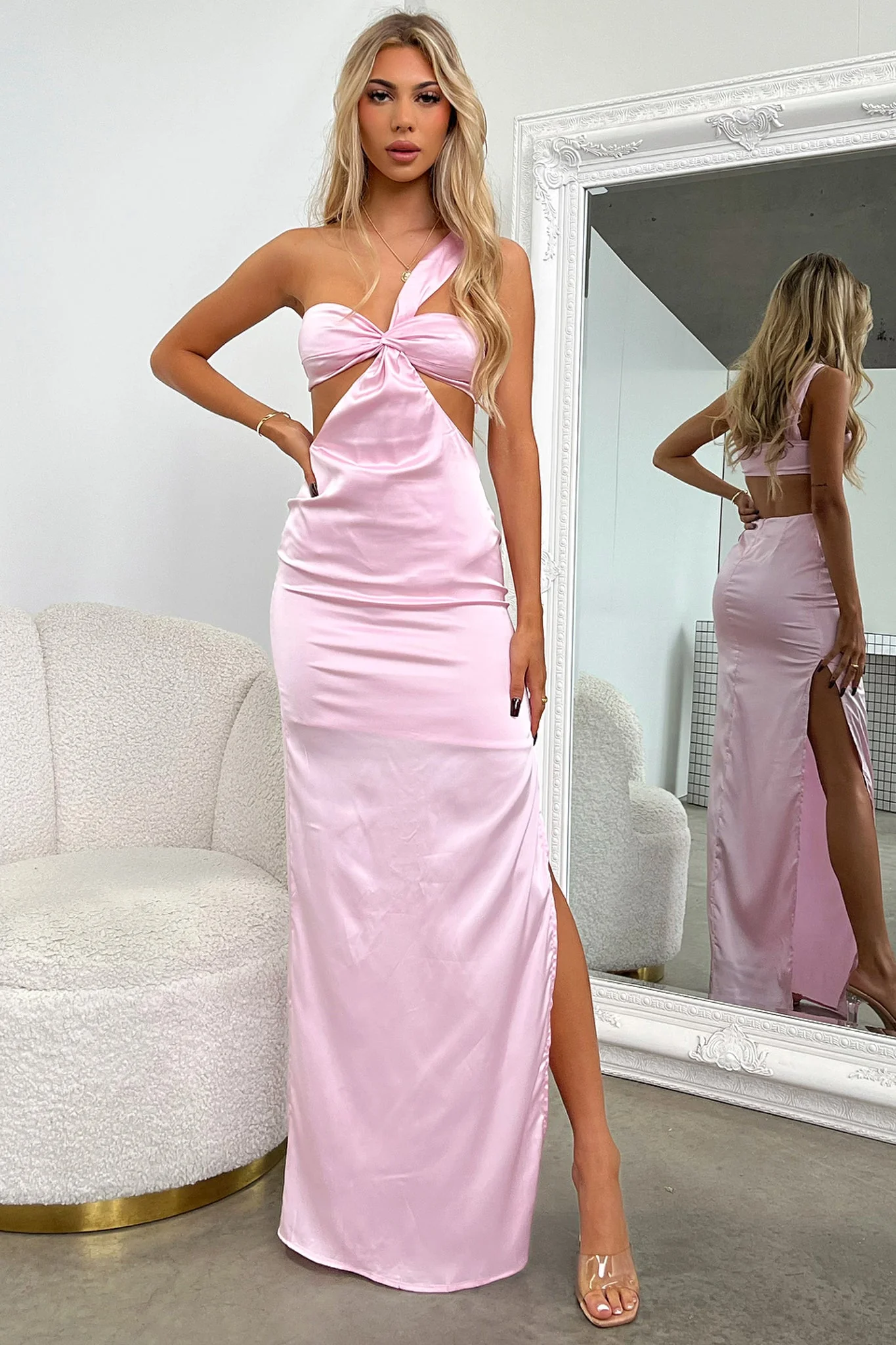 Alexia One Shoulder Satin Maxi Dress - Pink - XTXFMF
