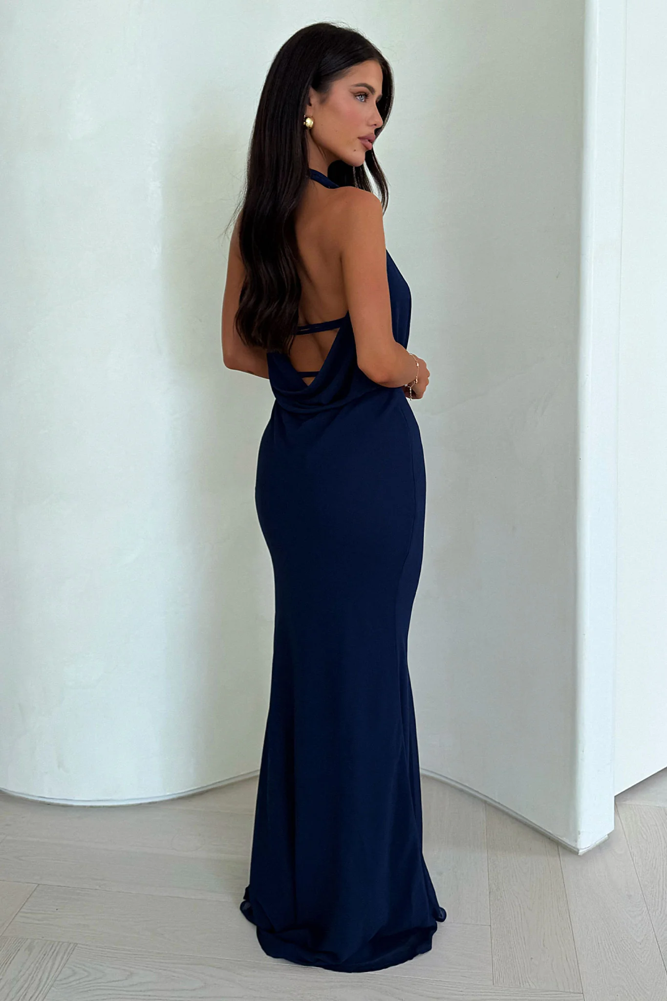 Amedeo Plunge Halter Neck Maxi Dress - Navy - XTXFMF