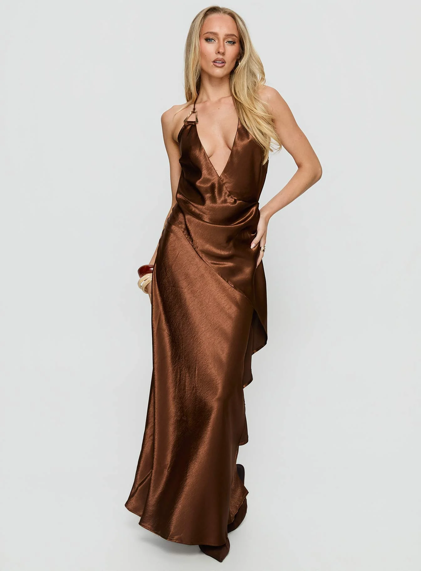 Annissa Plunge Halter Maxi Dress Dark Brown - XTXFMF