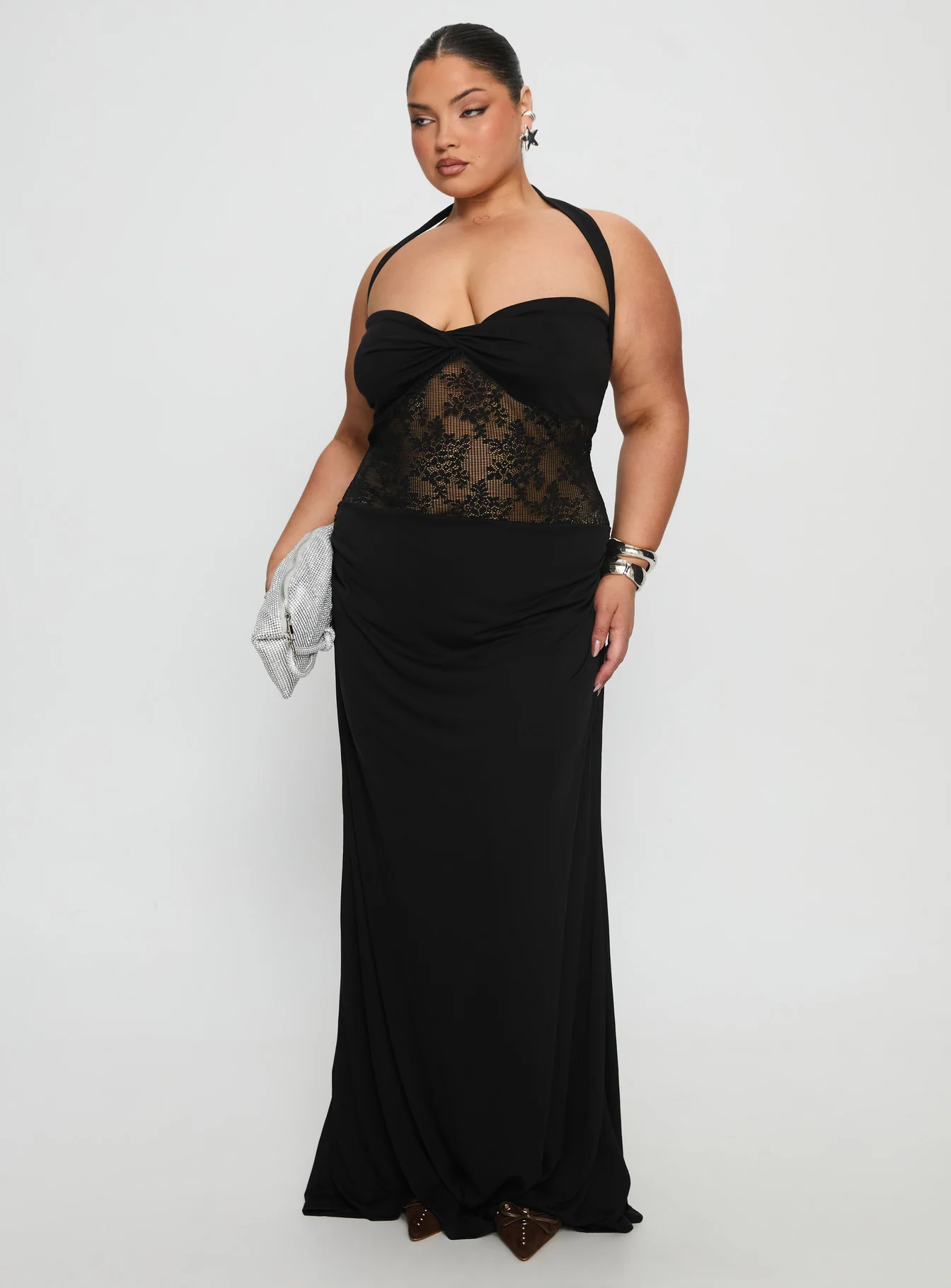 Adalyne Lace Halter Maxi Dress Black Curve - XTXFMF