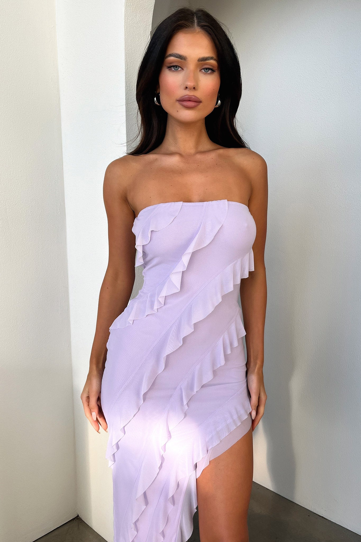 Jadore Strapless Ruffle Midi Dress - Lilac - XTXFMF