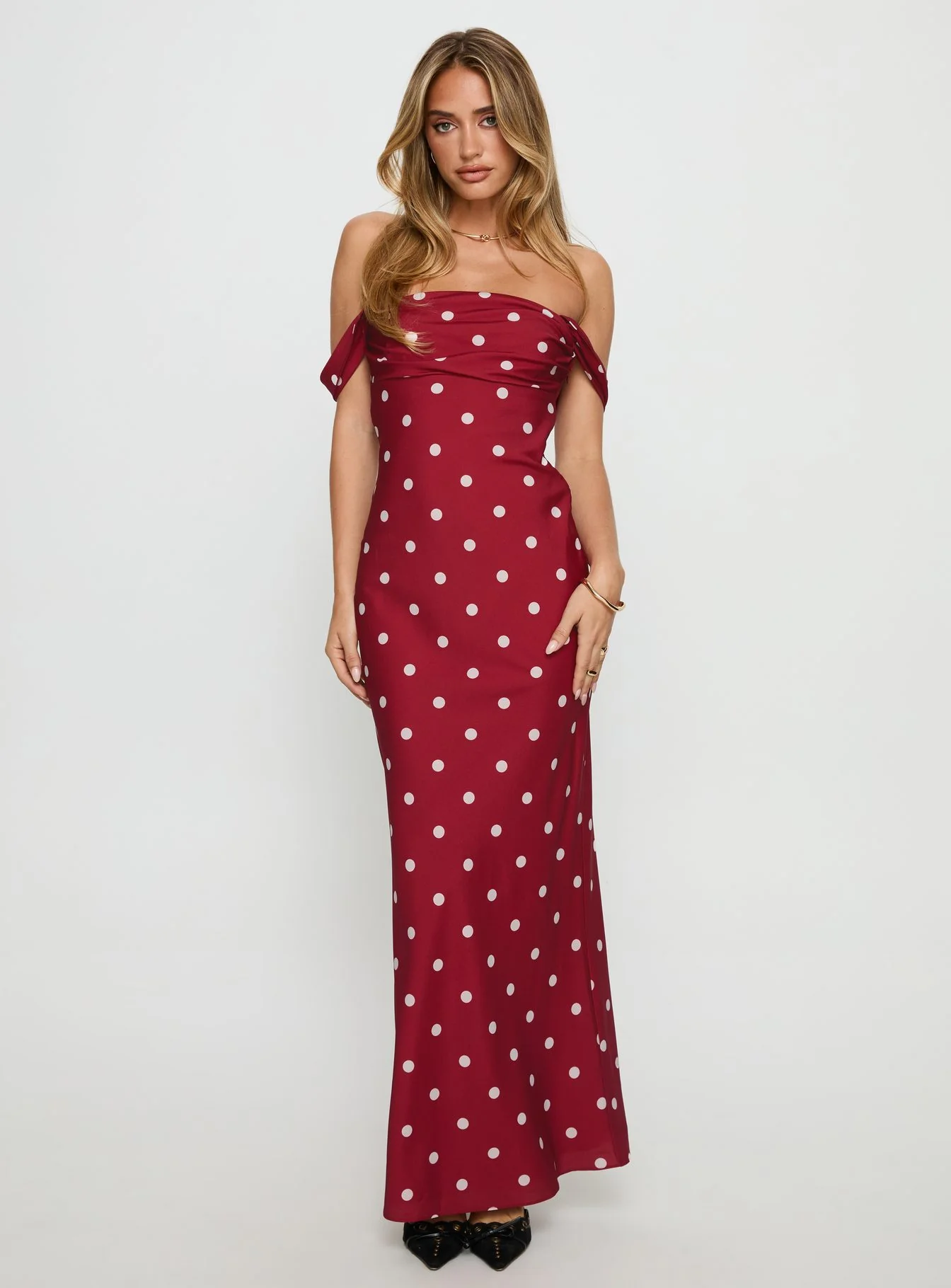 End Credits Off Shoulder Pleat Maxi Dress Red / Polka Dot - XTXFMF