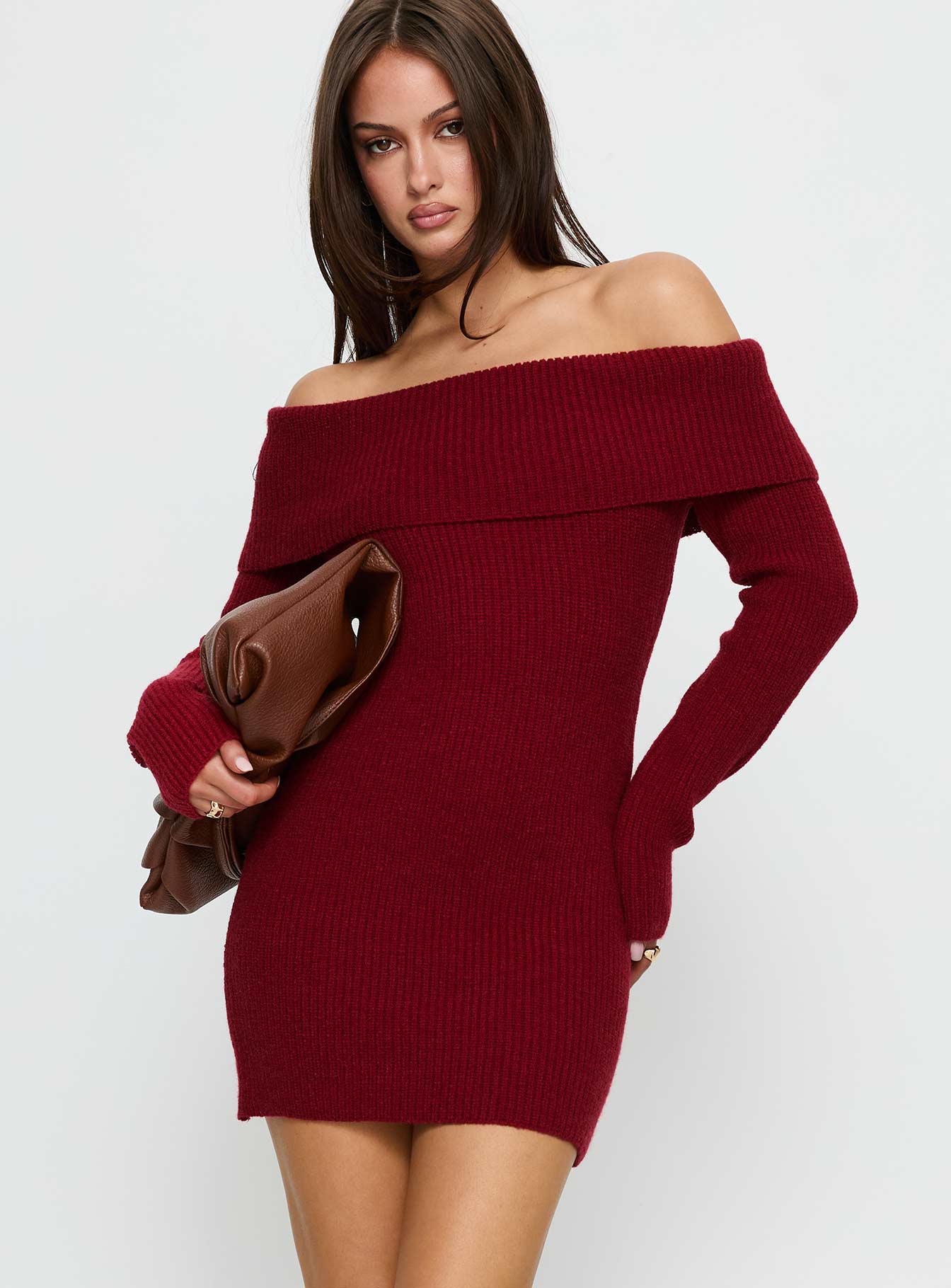 Noriko Long Sleeve Knit Mini Dress Burgundy - XTXFMF