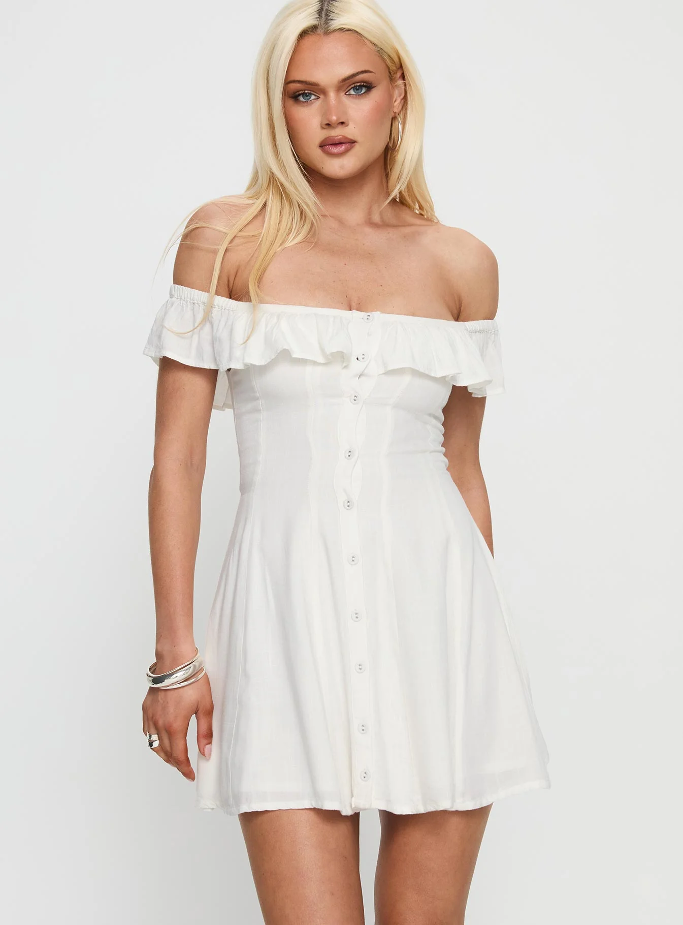 Corail Off Shoulder Frill Mini Dress White - XTXFMF