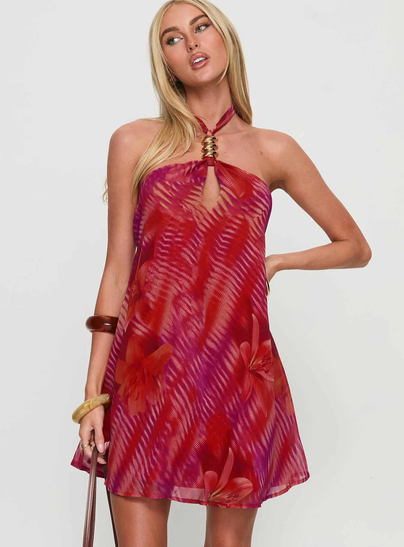 Magica Halter Keyhole Mini Dress Red Floral - XTXFMF