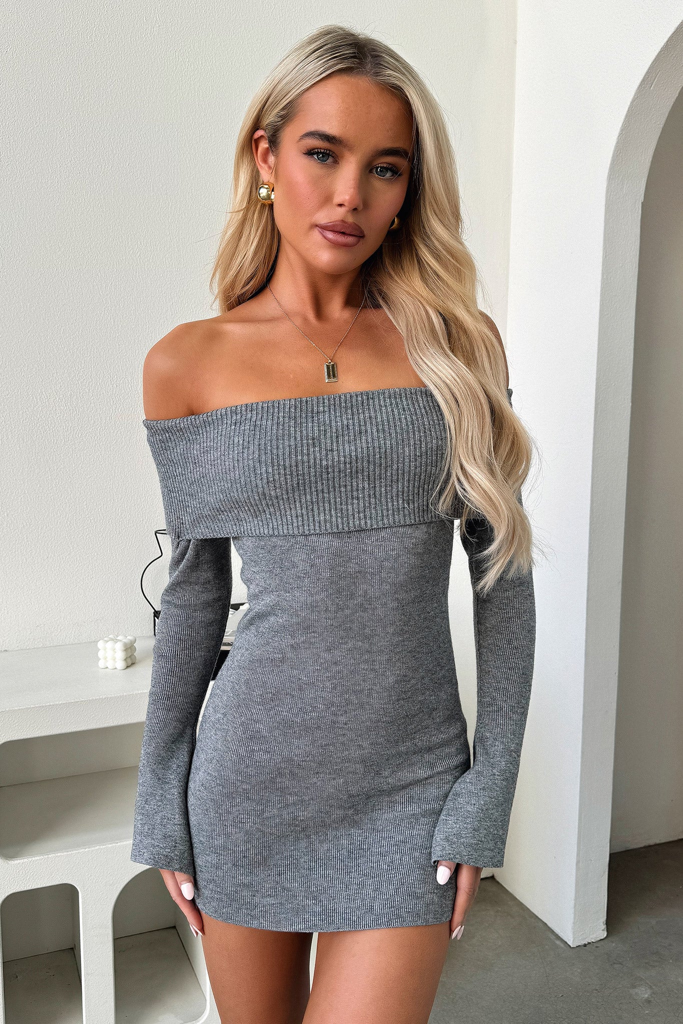 Aaliyah Off Shoulder Knit Mini Dress - Grey - XTXFMF