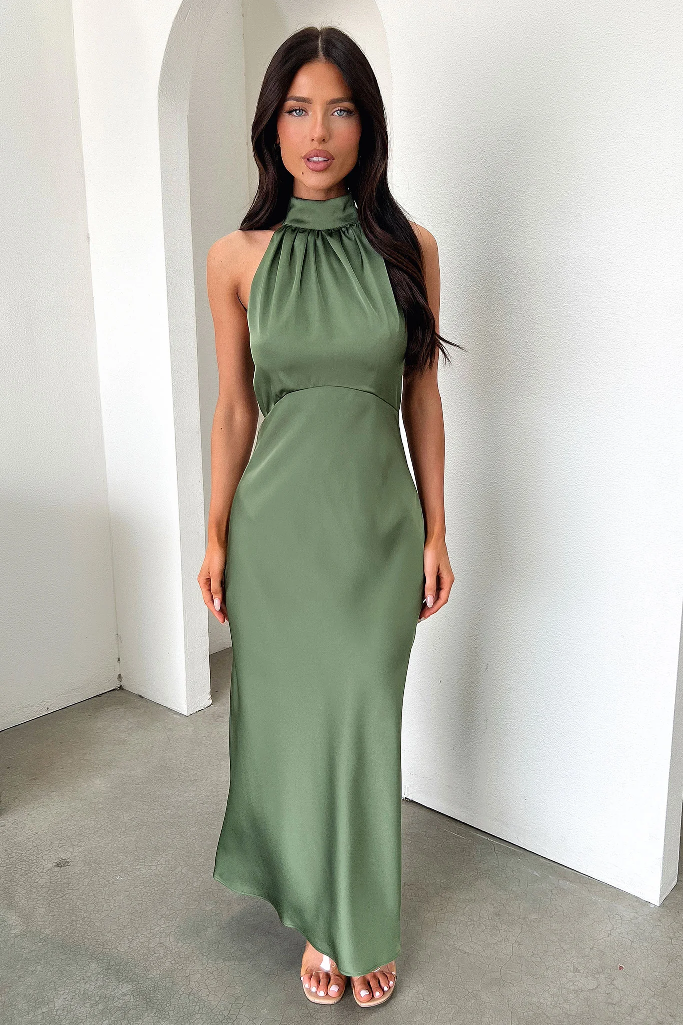 Daphne High Neck Maxi Dress - Olive - XTXFMF