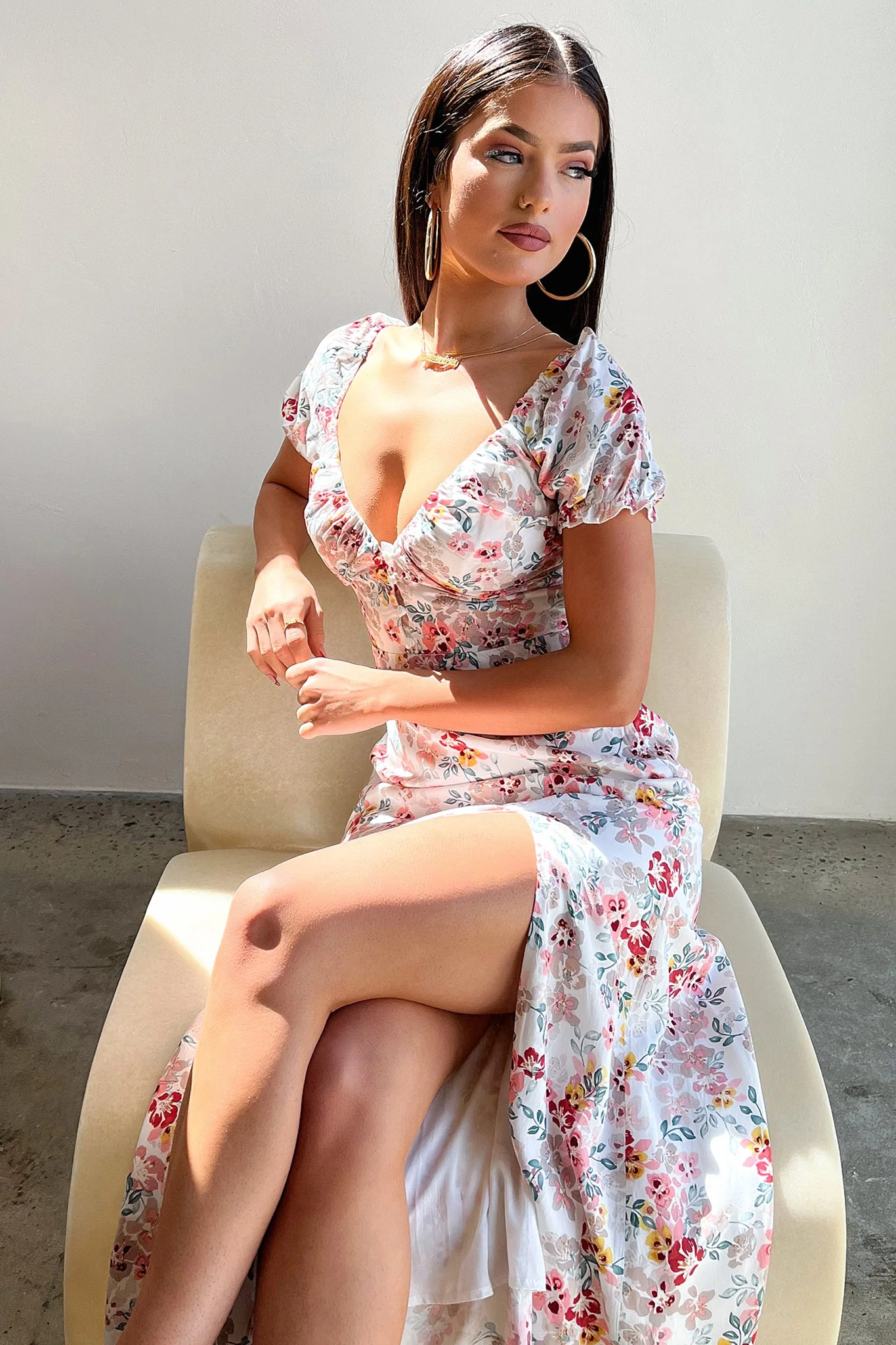 Solem Midi Dress - White / Pink Floral - XTXFMF