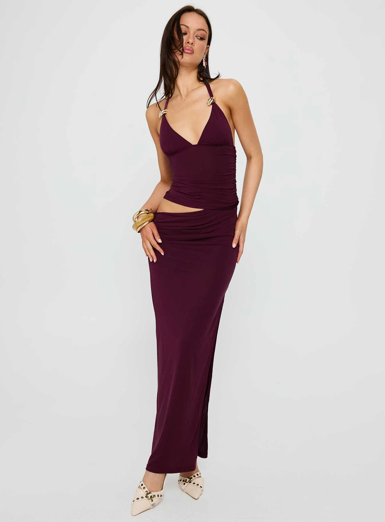 Imeraldia Hardware Halter Maxi Dress Currant - XTXFMF