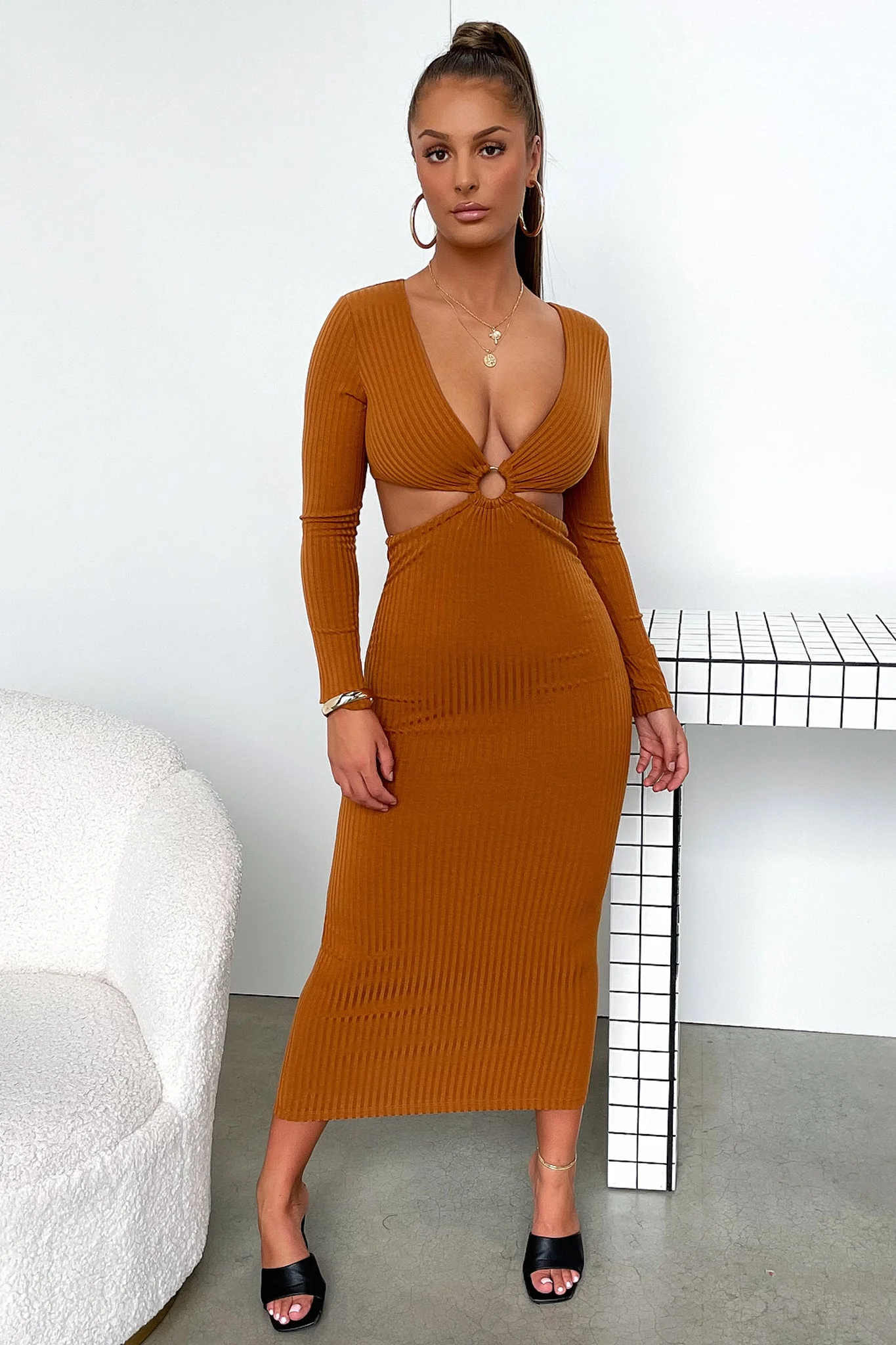 Laska Midi Dress - Rust Brown - XTXFMF
